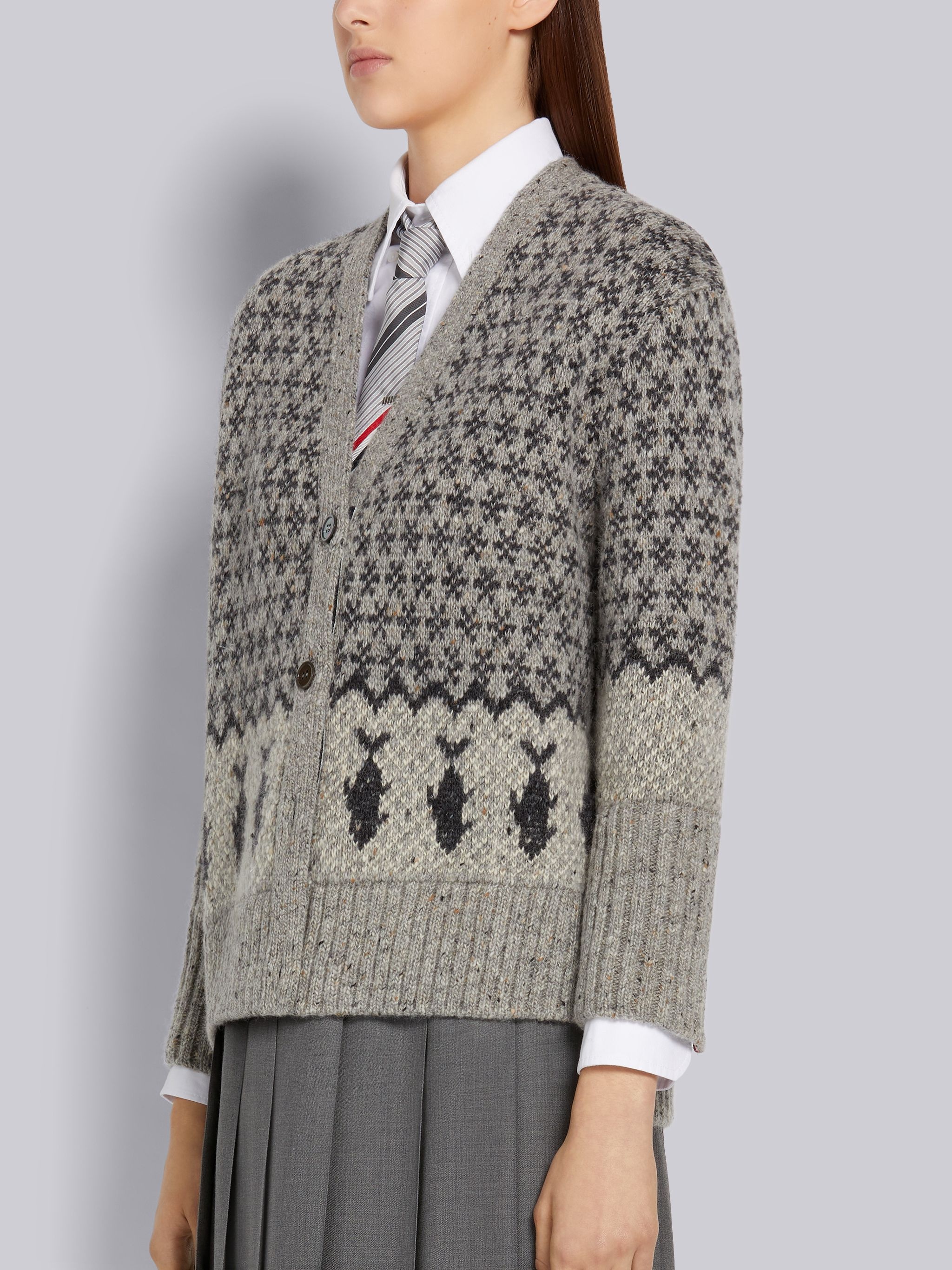 Fun-mix Grey Mohair Tweed Bear Fair Isle Jacquard Oversized V-Neck Cardigan - 2