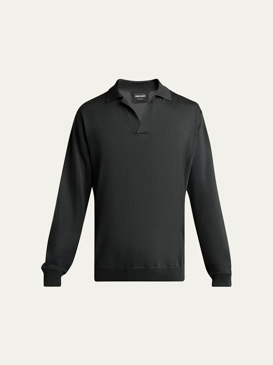 Men's Silk and Cotton Knit Johnny Collar Polo Sweater - 1