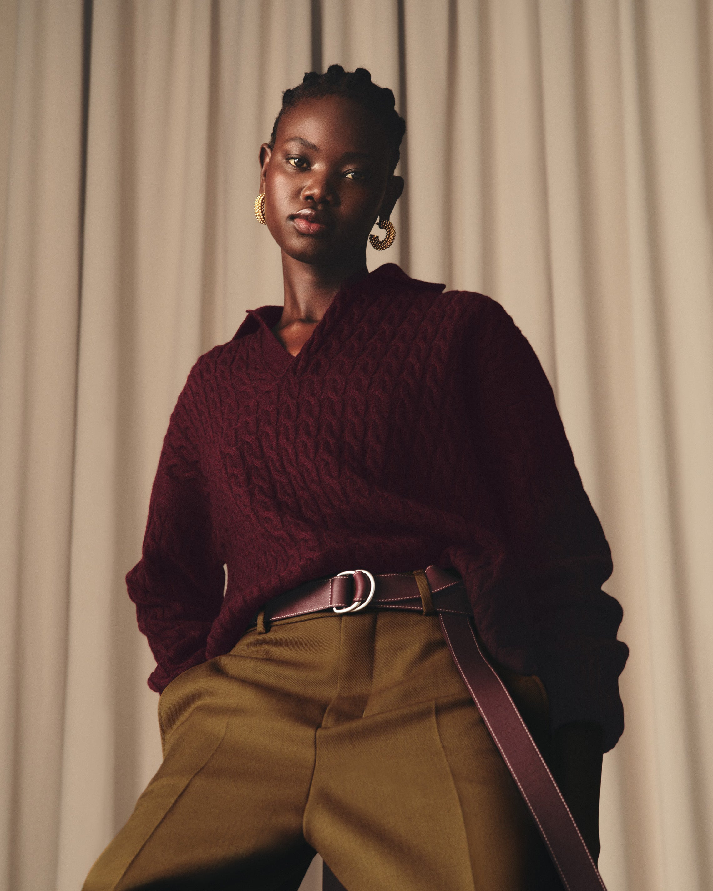 BURGUNDY WOOL CABLES KNIT POLO - 7