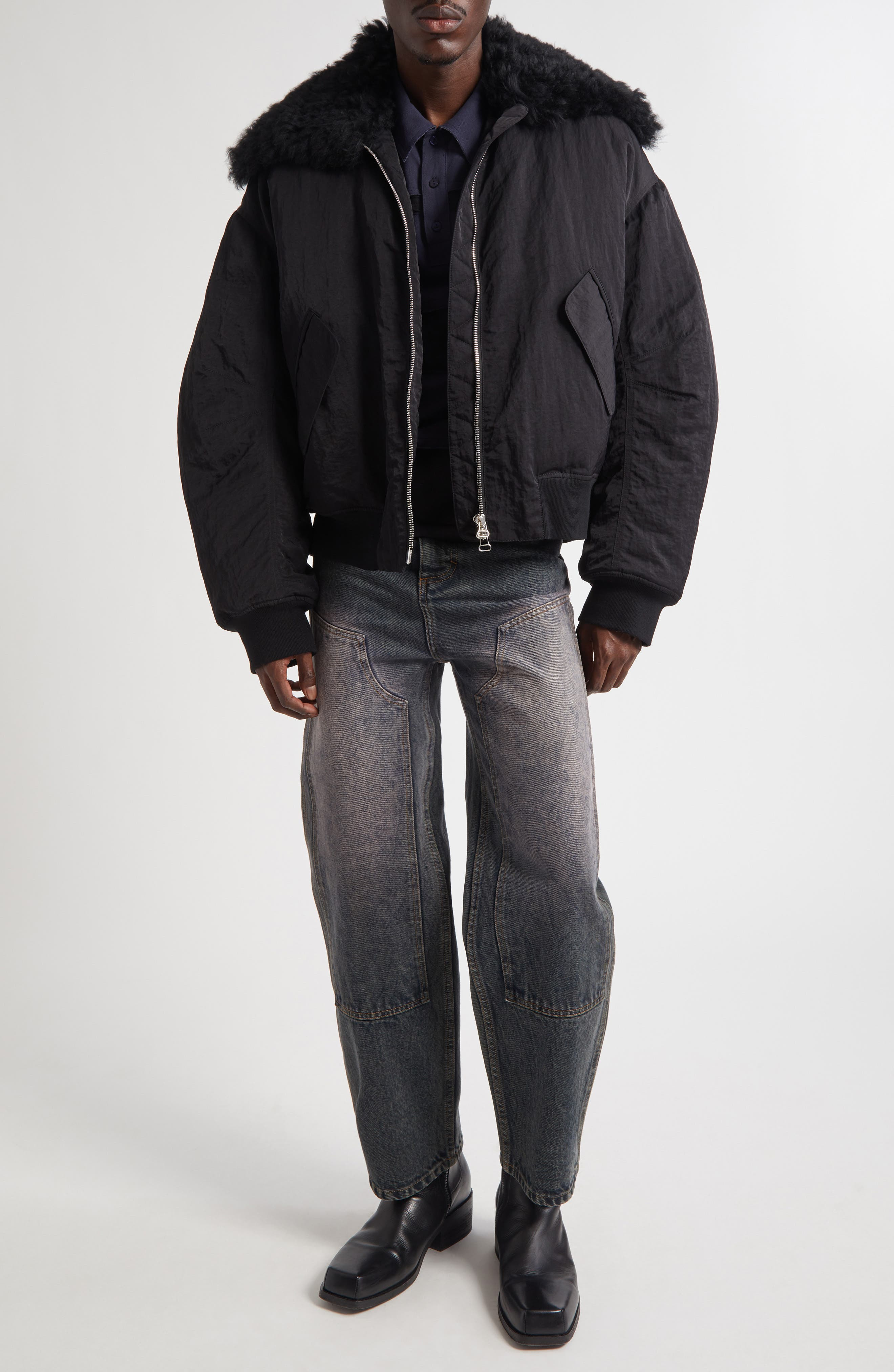 Eckhaus Latta Nylon Bomber Jacket with Genuine Shearling Collar in Asphalt at Nordstrom - 8
