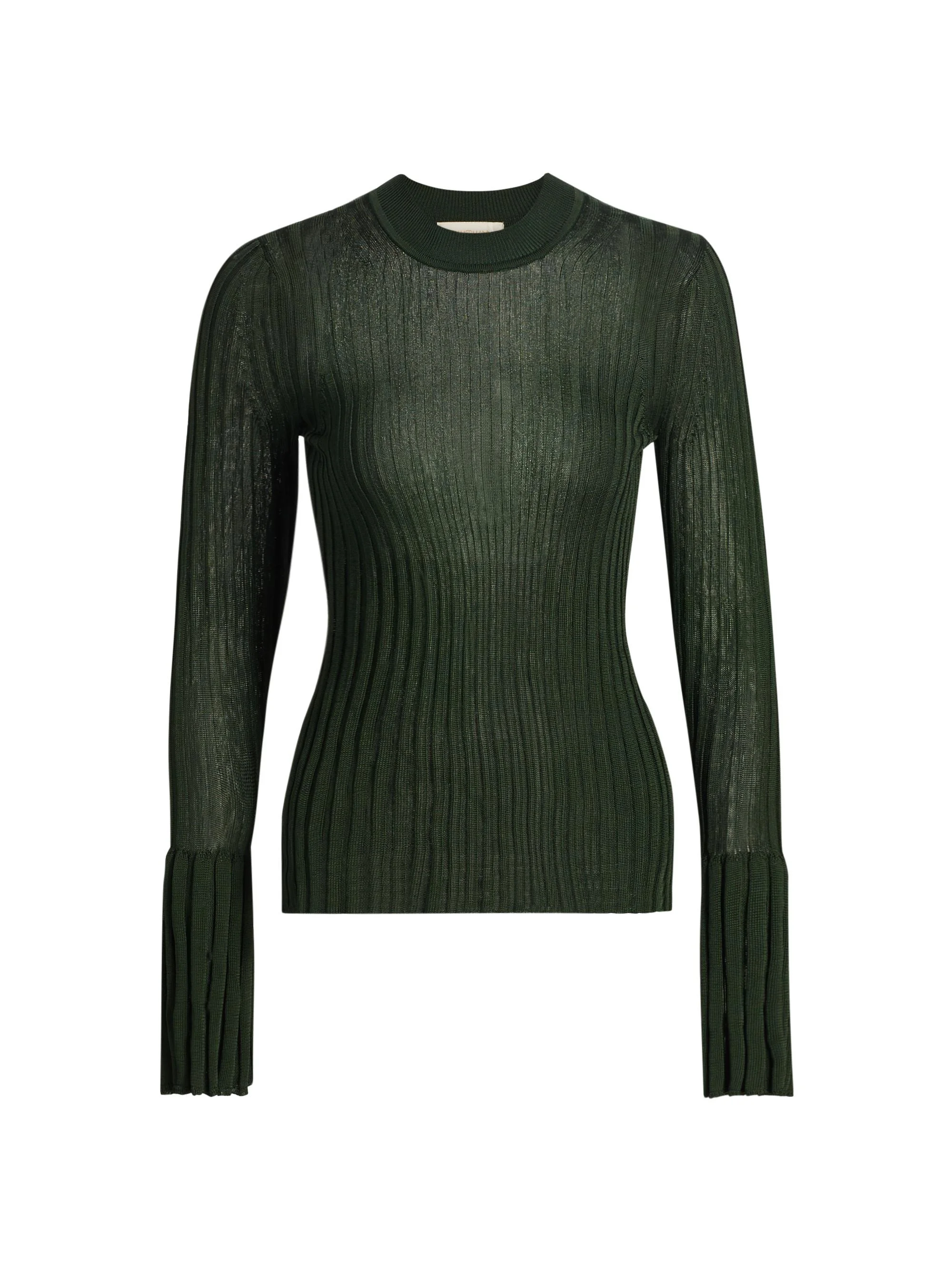 Women's Ribbed Bell-Sleeve Sweater - Dark Green - 1