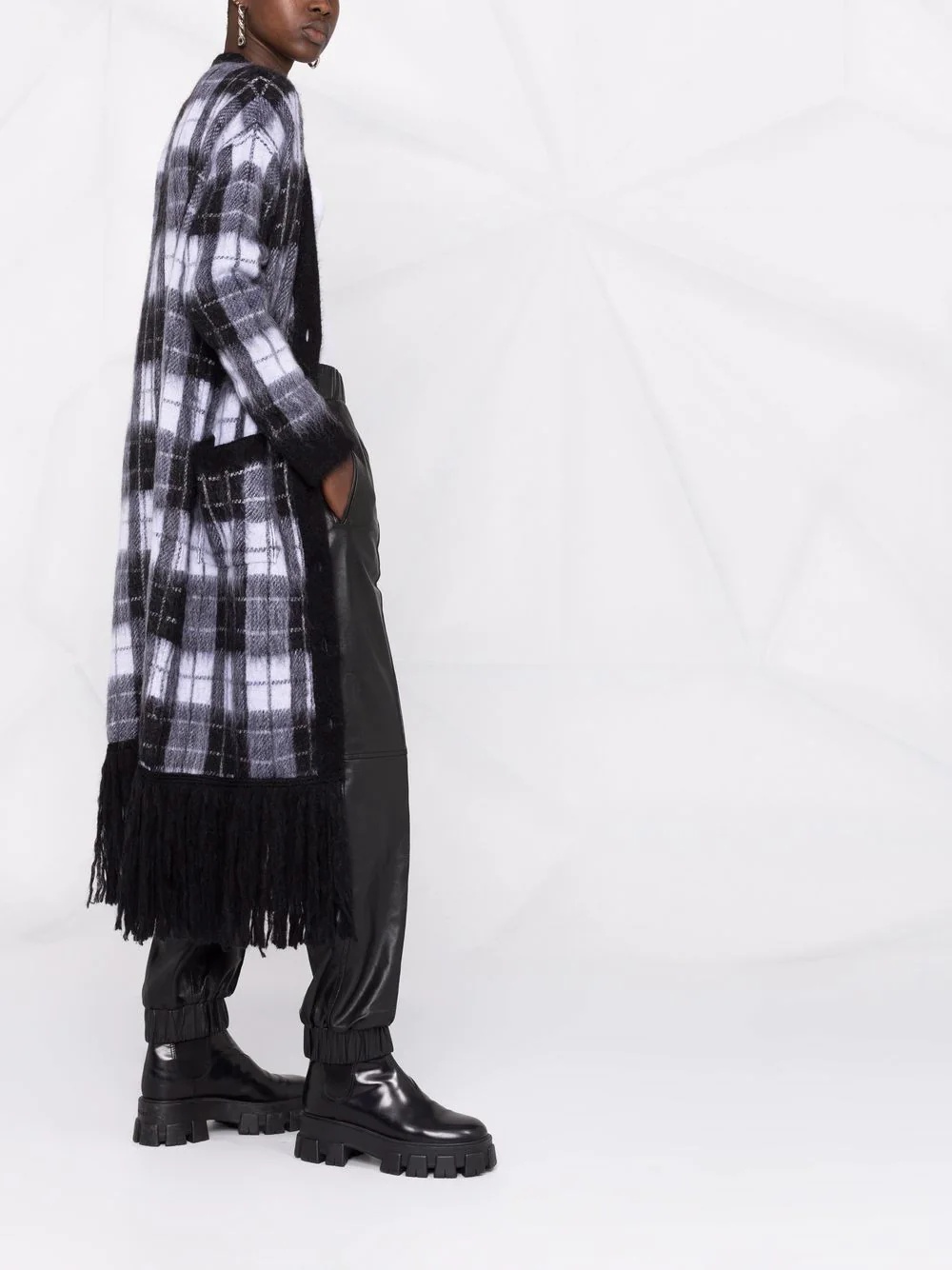 fringed check-print cardigan - 6