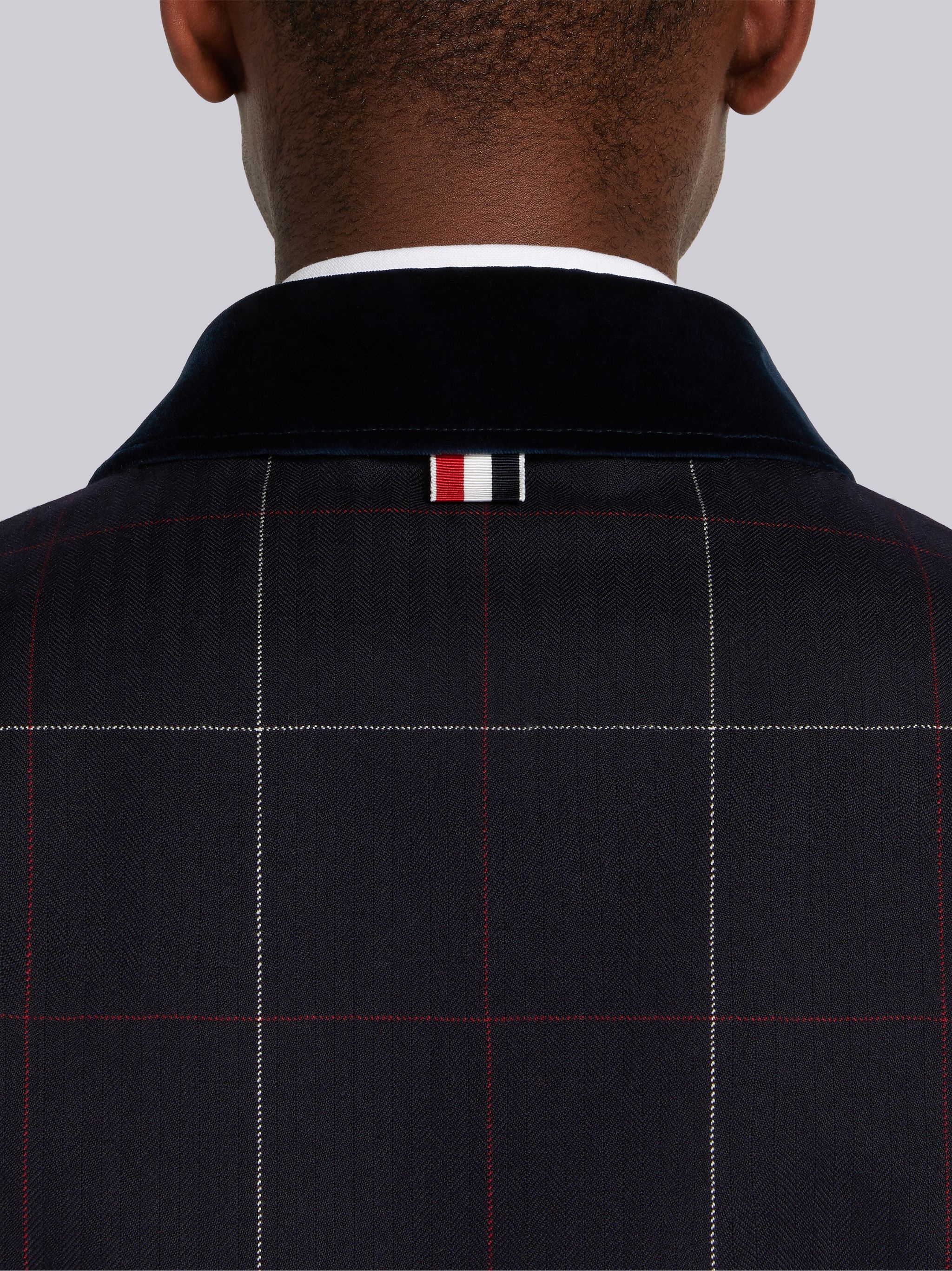 Navy Herringbone Windowpane Wool Suiting Grosgrain Armband Contrast Collar Golf Jacket - 5