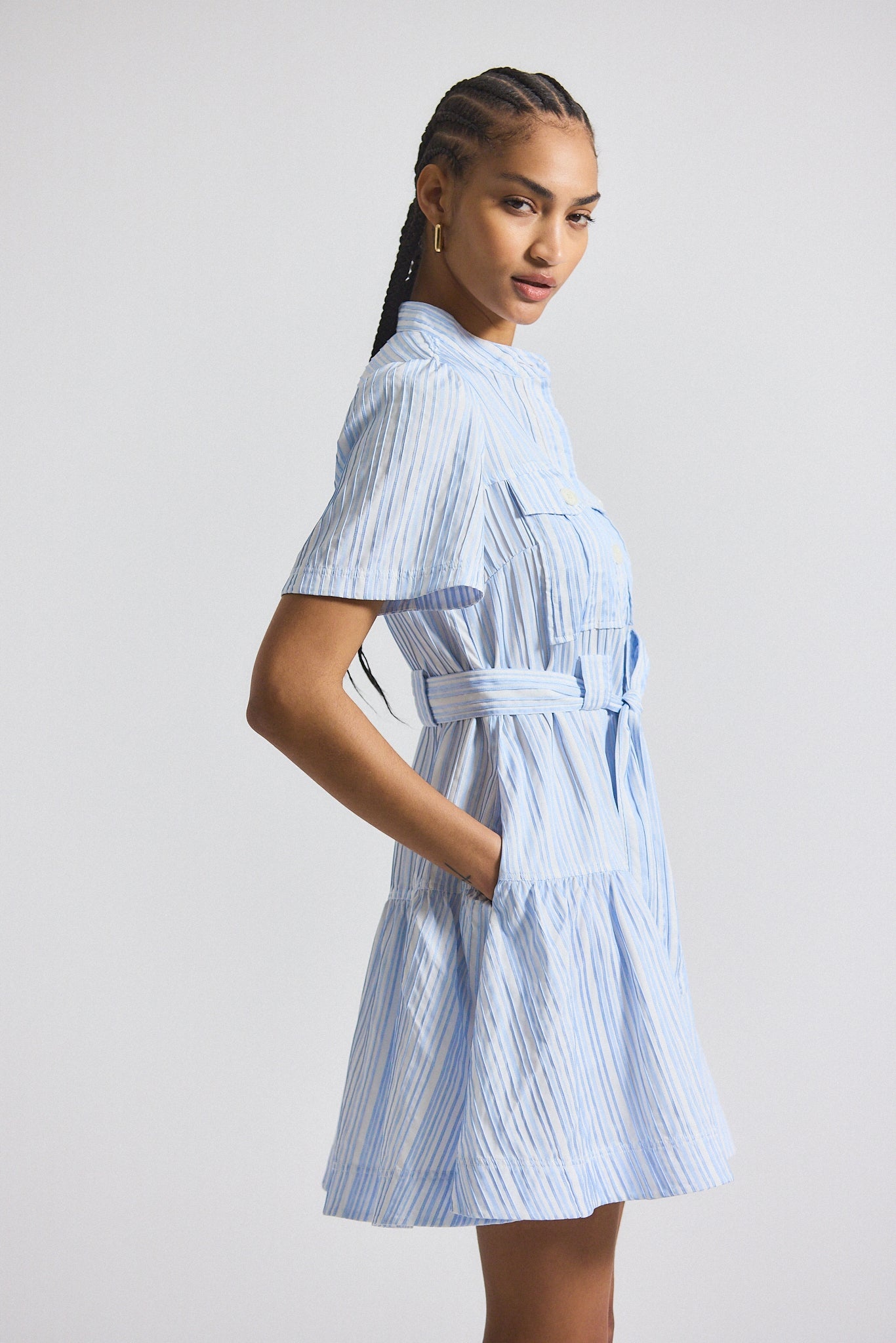 CLYNTON PINTUCK STRIPE SHIRTING SHORT SLEEVE DRESS - 3