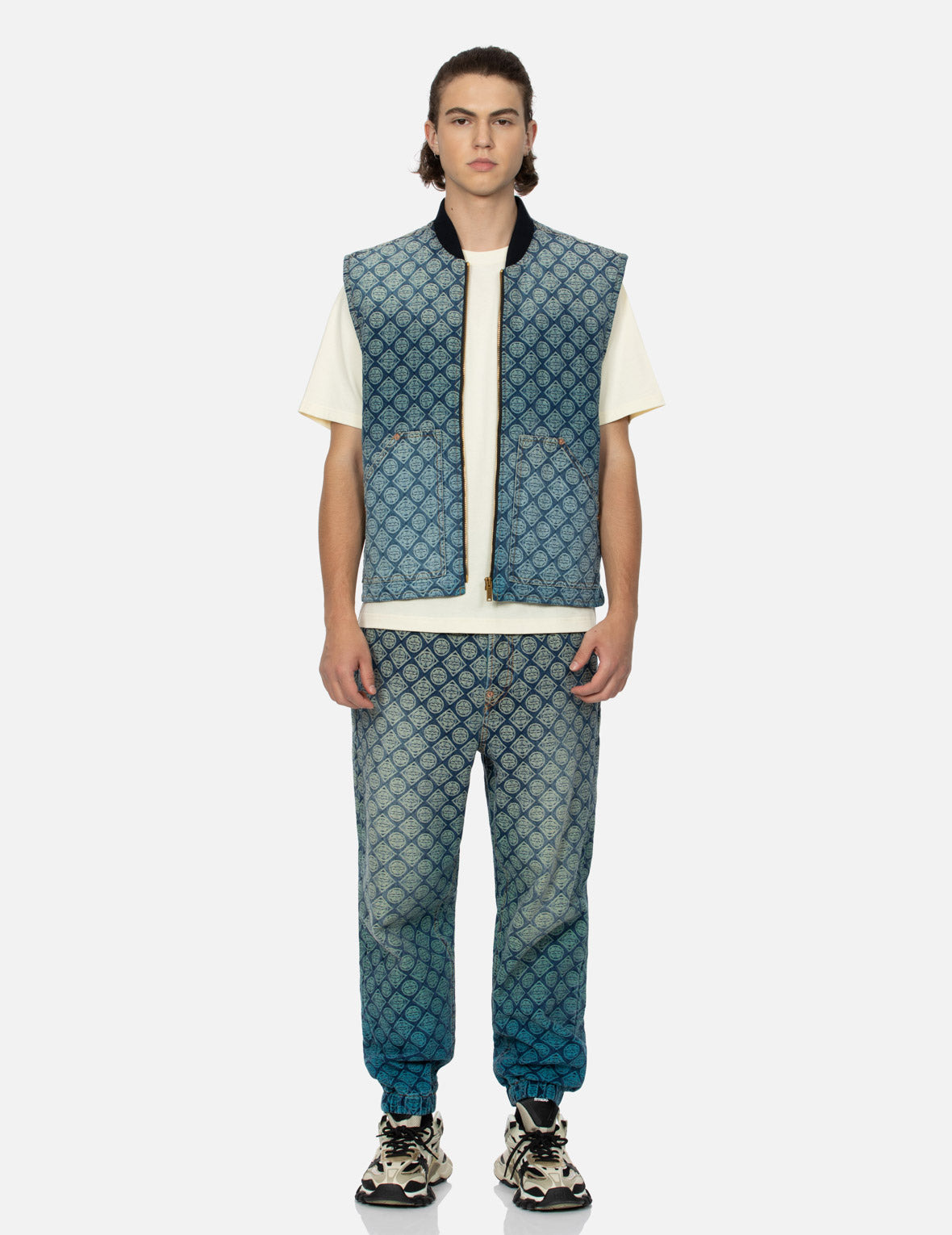 WASHED KAMON JACQUARD RELAX FIT DENIM PADDED VEST - 5