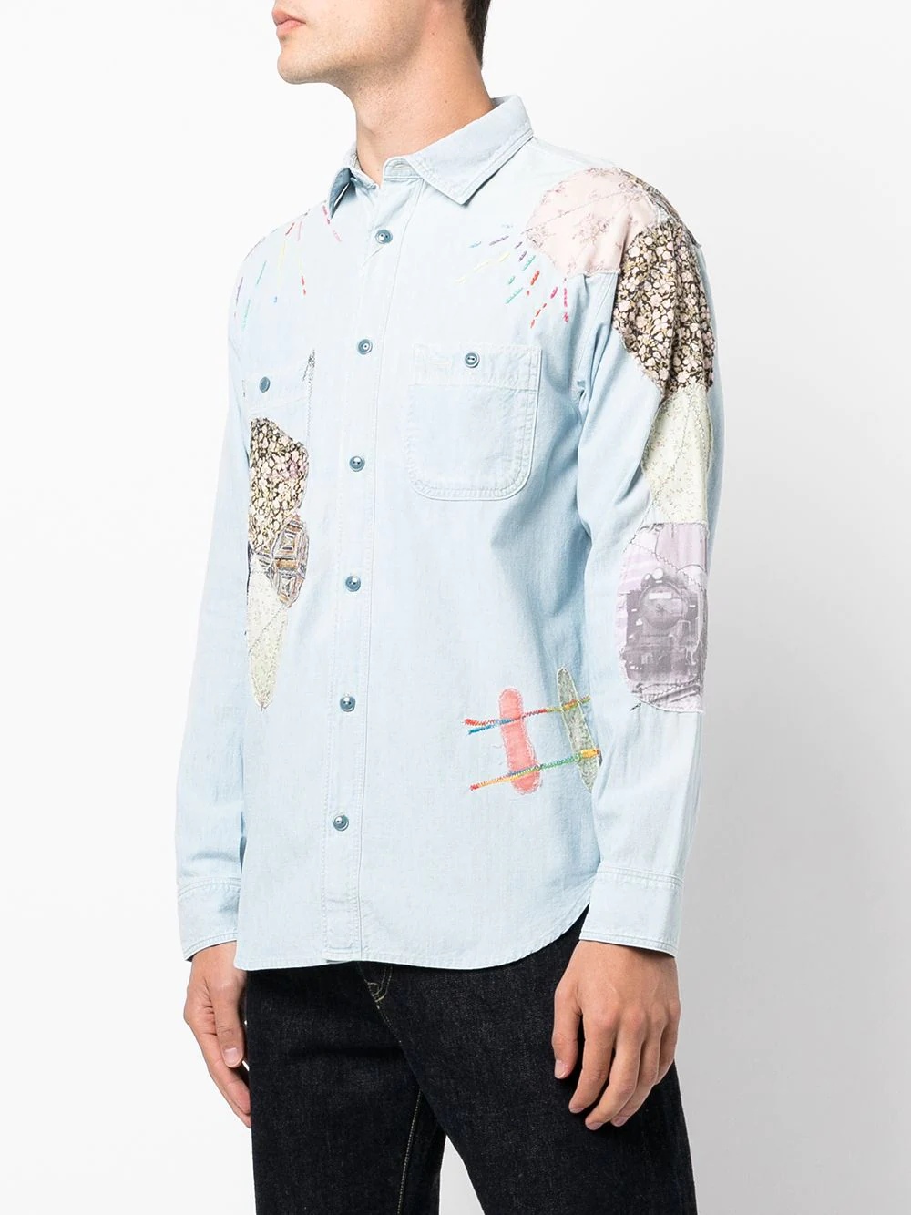patch-detailing chambray work shirt - 3