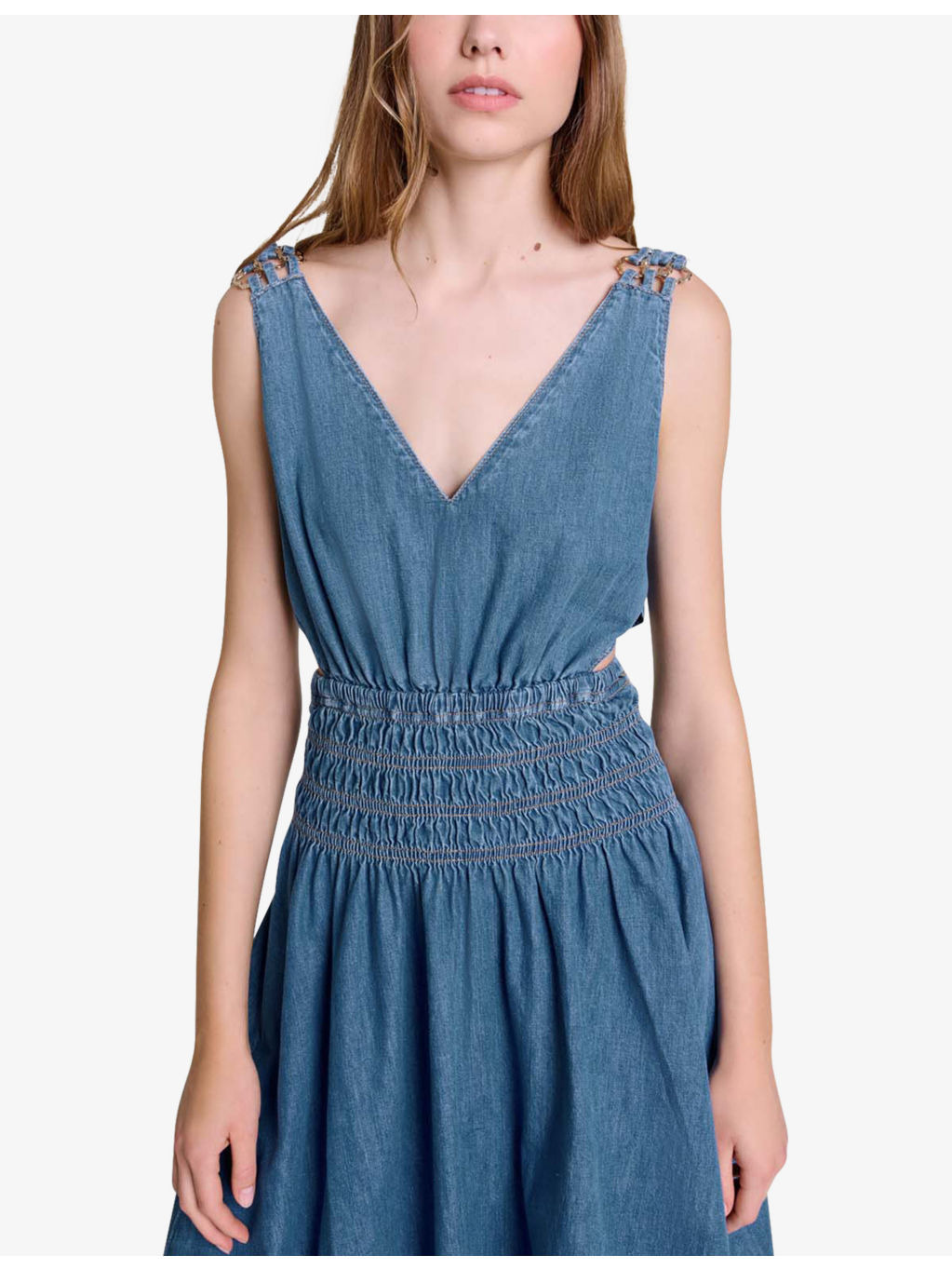 Cut-out smocked-waist denim maxi dress - 5