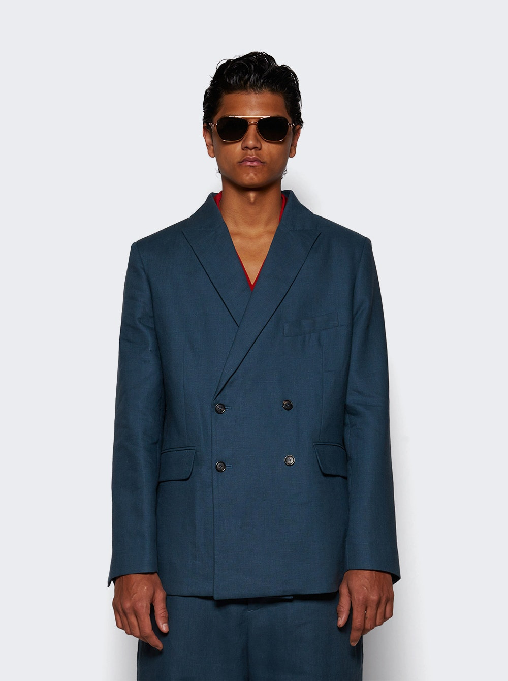Lightweight Double-breasted Suit Jacket Teal - 2