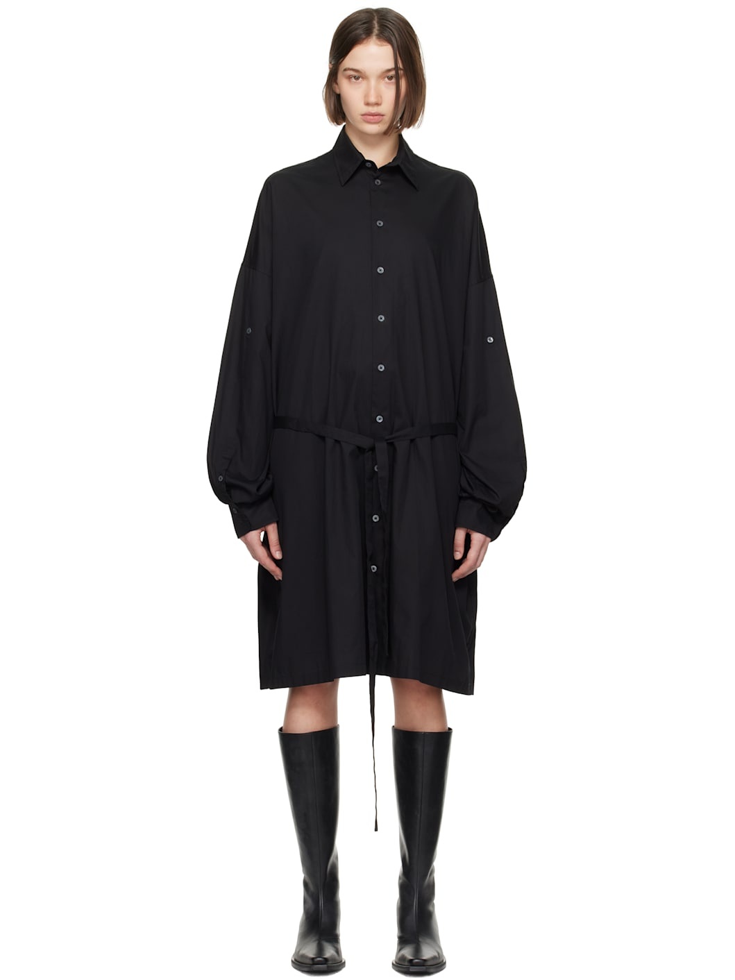 Black Slouchy Shirt Midi Dress - 1