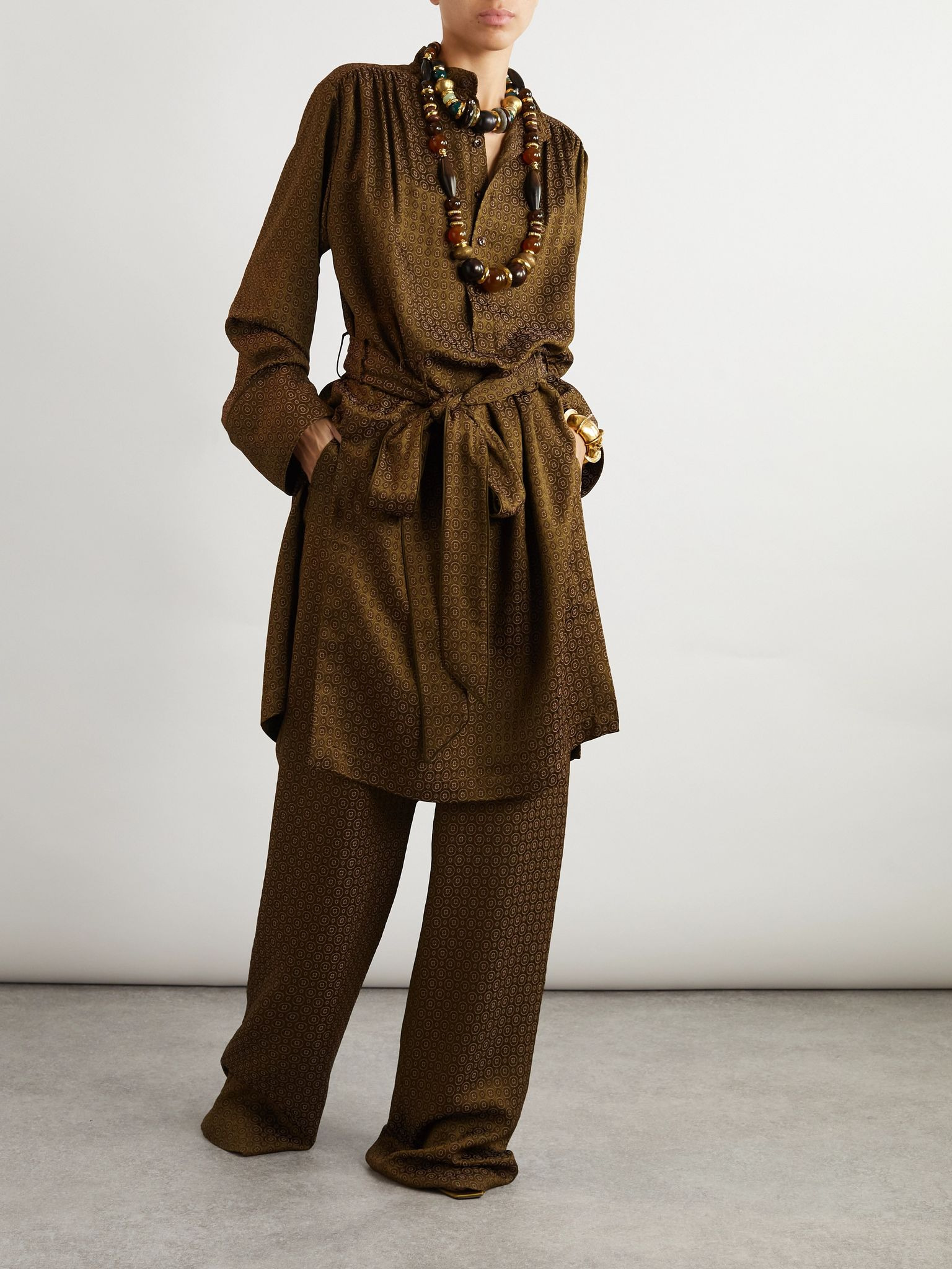 Belted printed silk shirt dress Bronze - 2