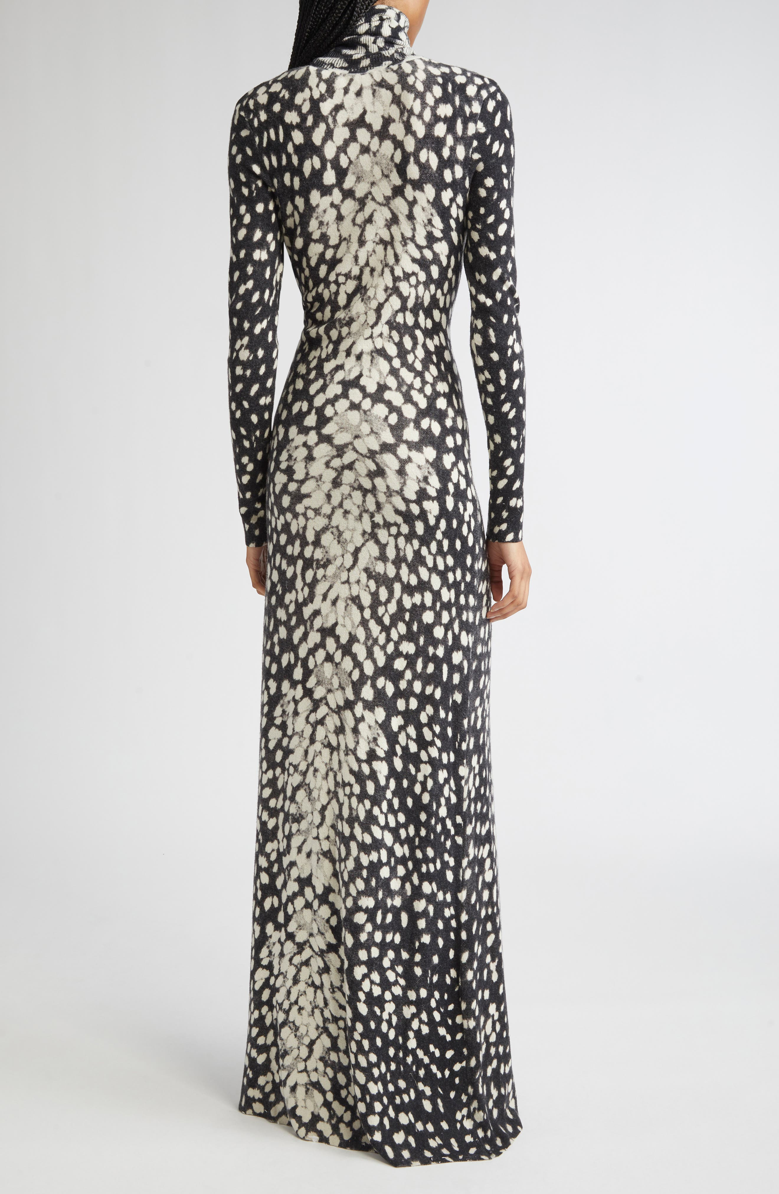 Brandon Maxwell The Camille Hand-Printed Long Sleeve Cashmere Turtleneck Sweater Dress in Snow Leopa - 2