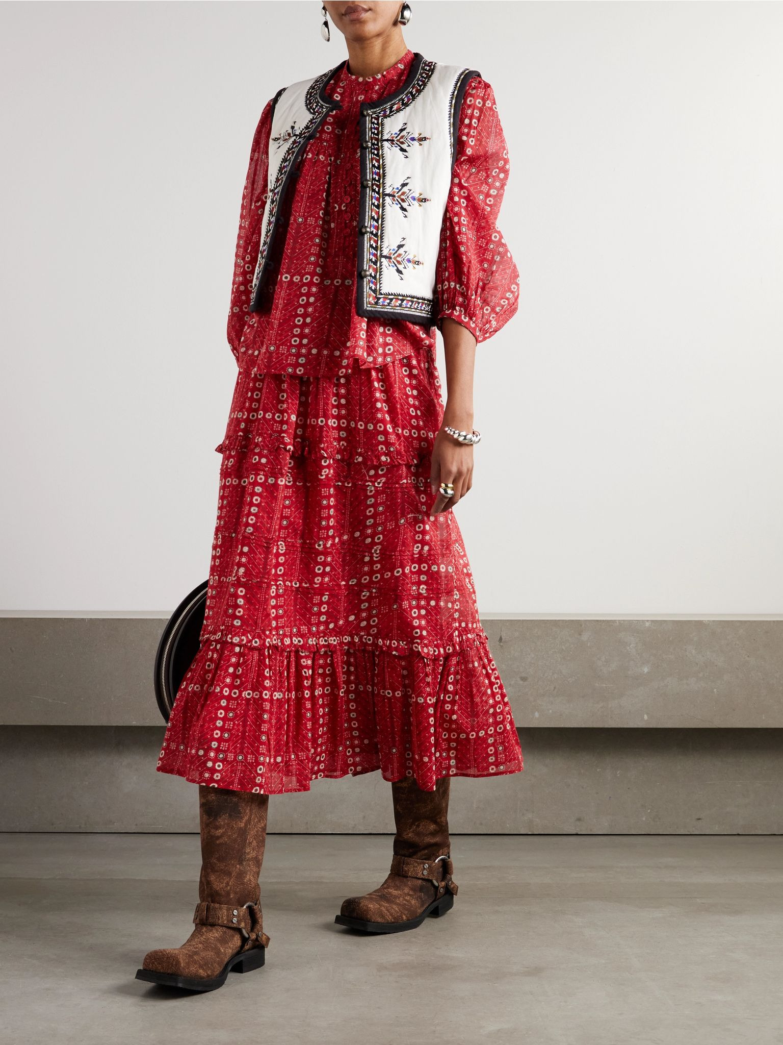 Diya tiered printed cotton-voile midi skirt Red - 2