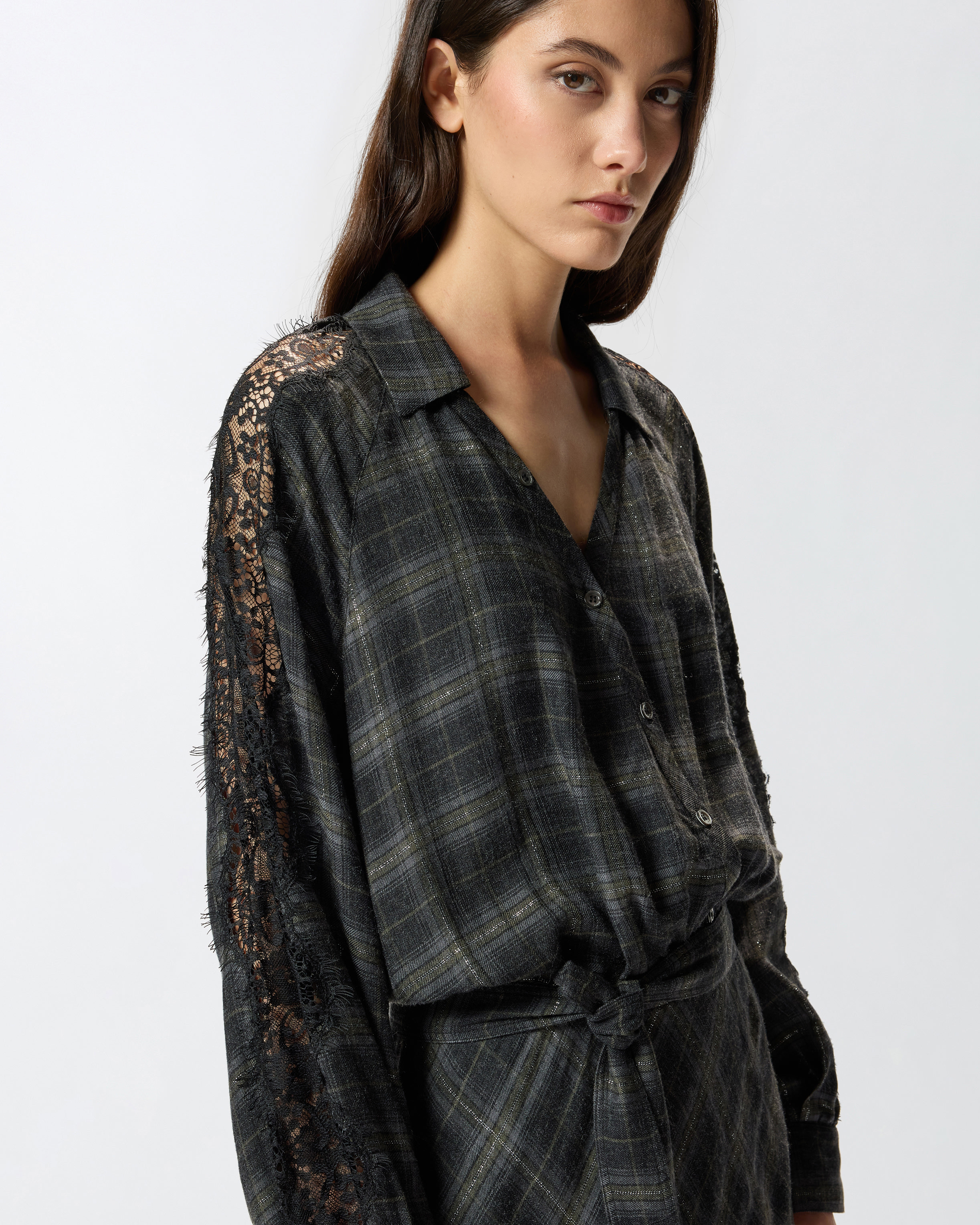 LONG CHECK DRESS WITH LACE - 5