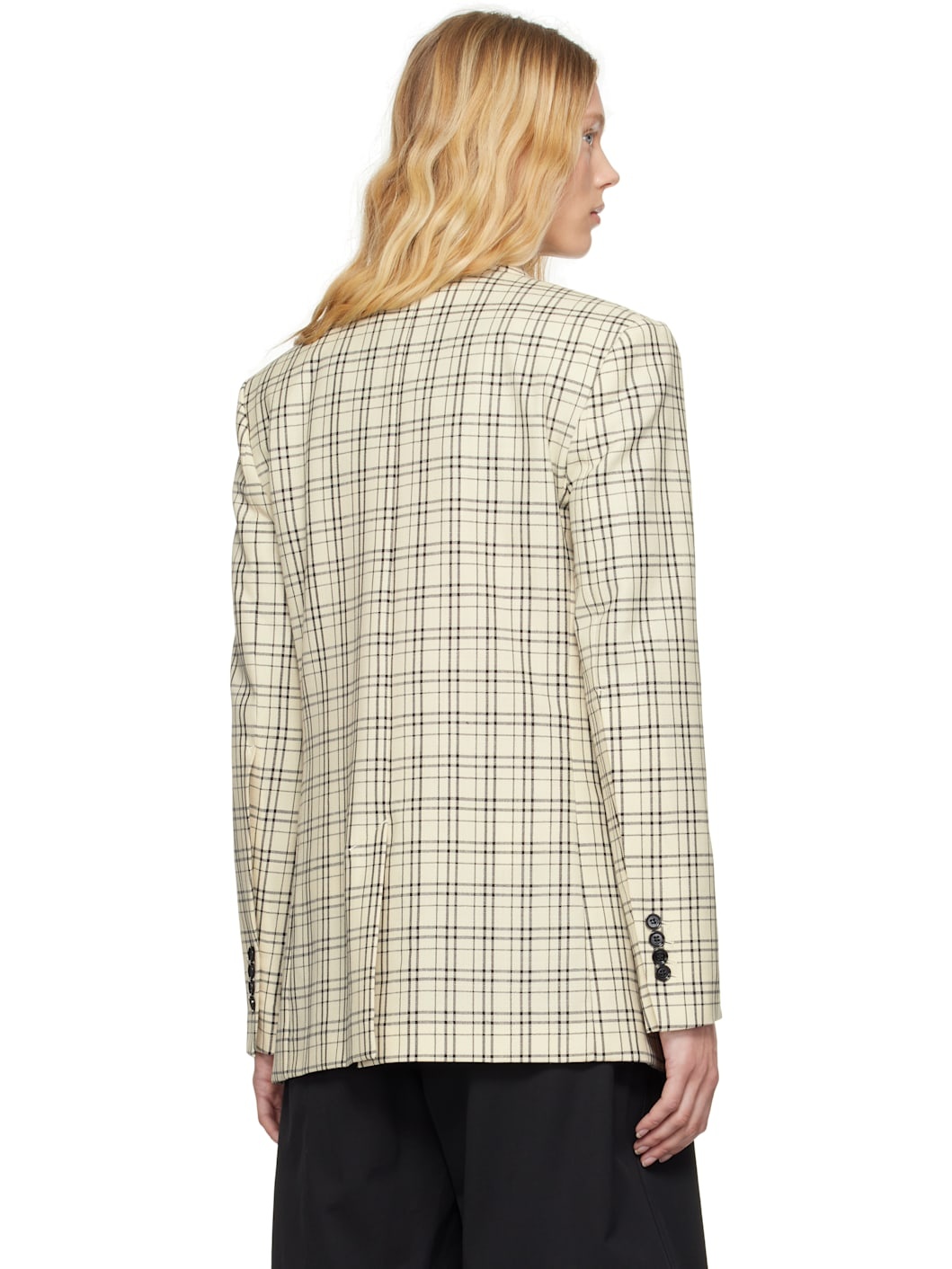 Beige Checked Wool Semi-Lined Blazer - 3