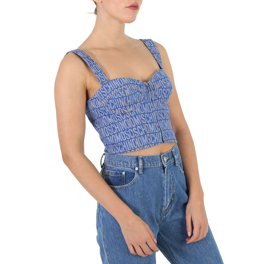 Moschino Ladies Fantasy Print Blue Monogram Denim Cropped Top - 4