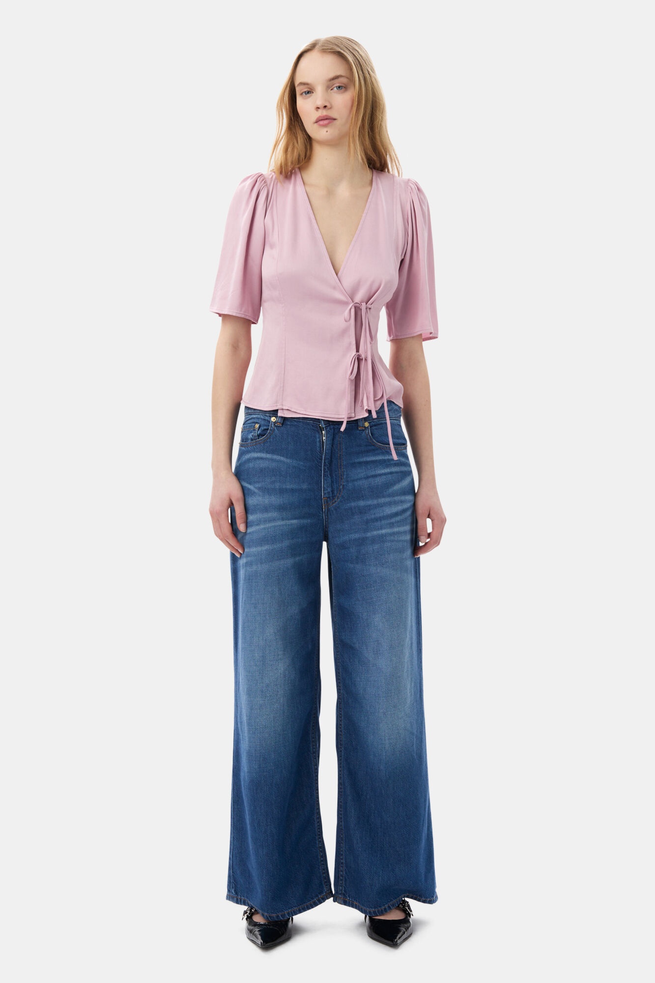 PINK WASHED SATIN WRAP BLOUSE - 3