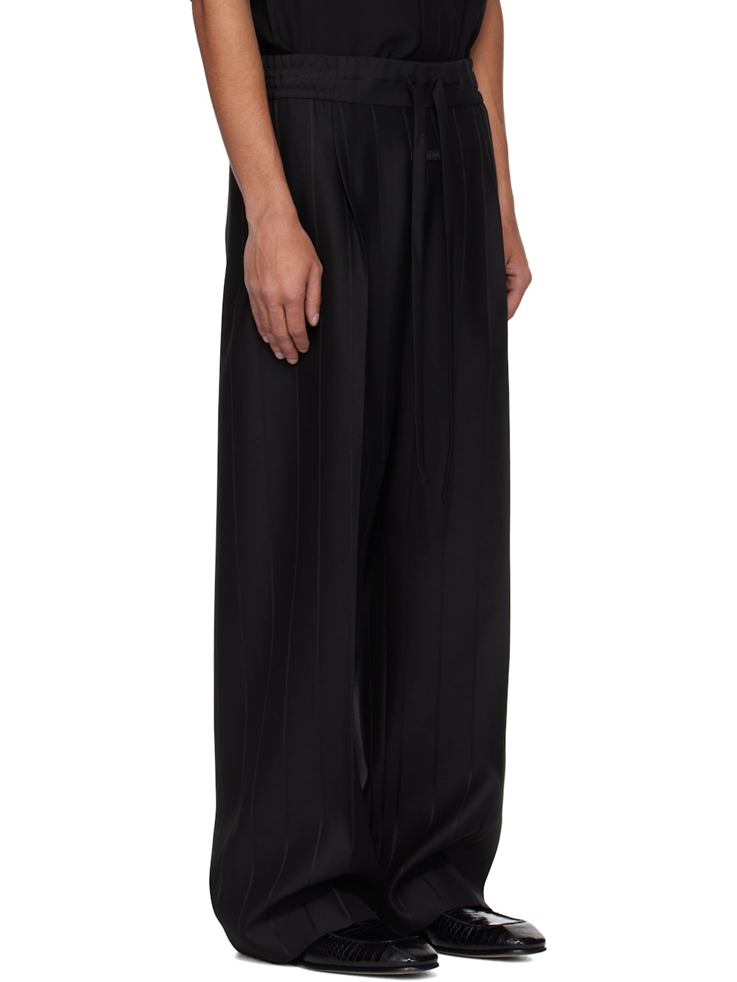 Black Pinstripe Drawstring Wide Leg Trousers - 2