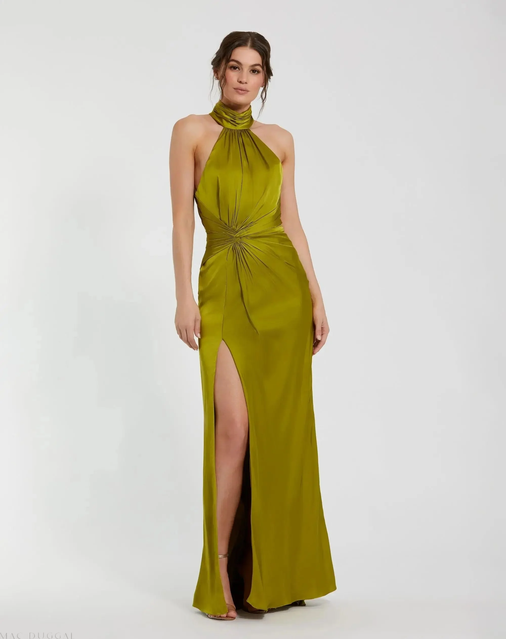 Olive Sleeveless Open Back Satin Gown - 1