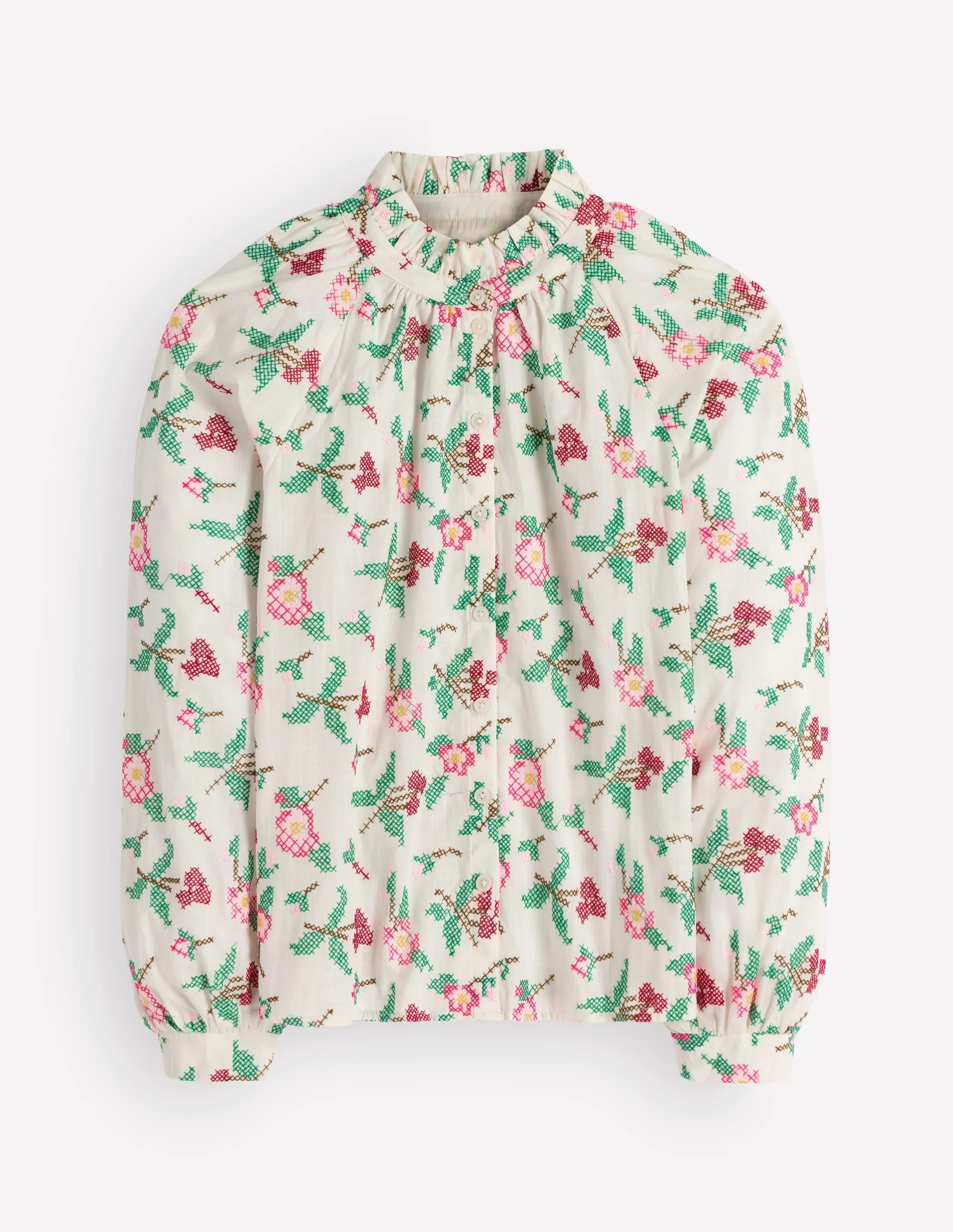 Erica Cotton Frill Top-White Cross Stitch Floral - 1