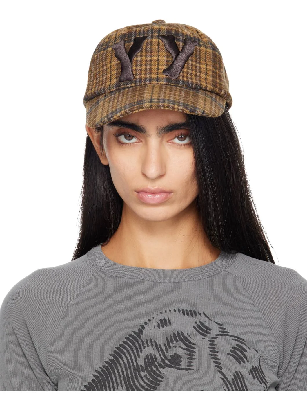 Beige & Brown 'Yy' Checkered Heart Bone Ball Cap - 1