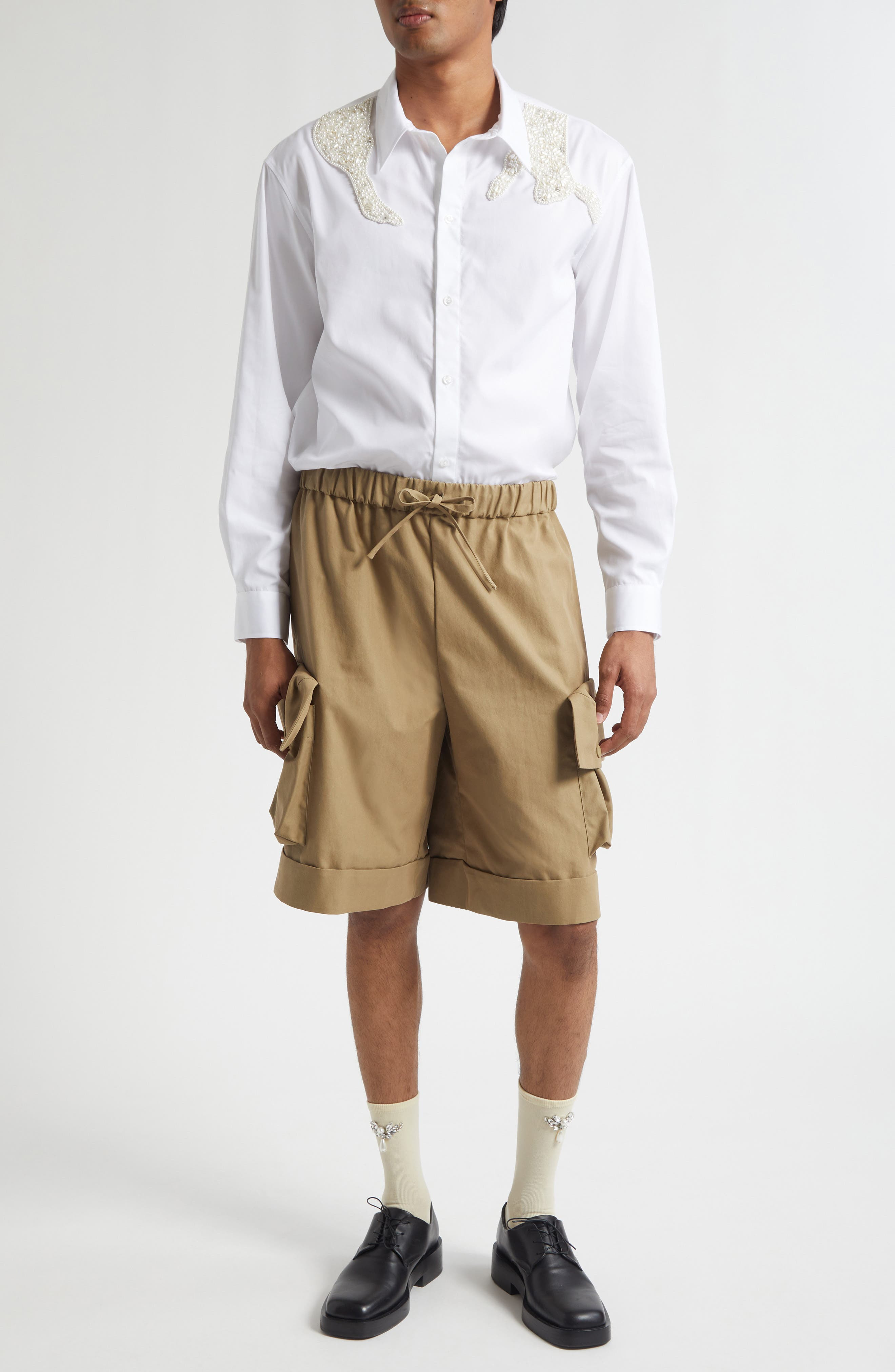 Simone Rocha Embellished Hare Classic Fit Cotton Button-Up Shirt in White/Pearl/Clear at Nordstrom - 2