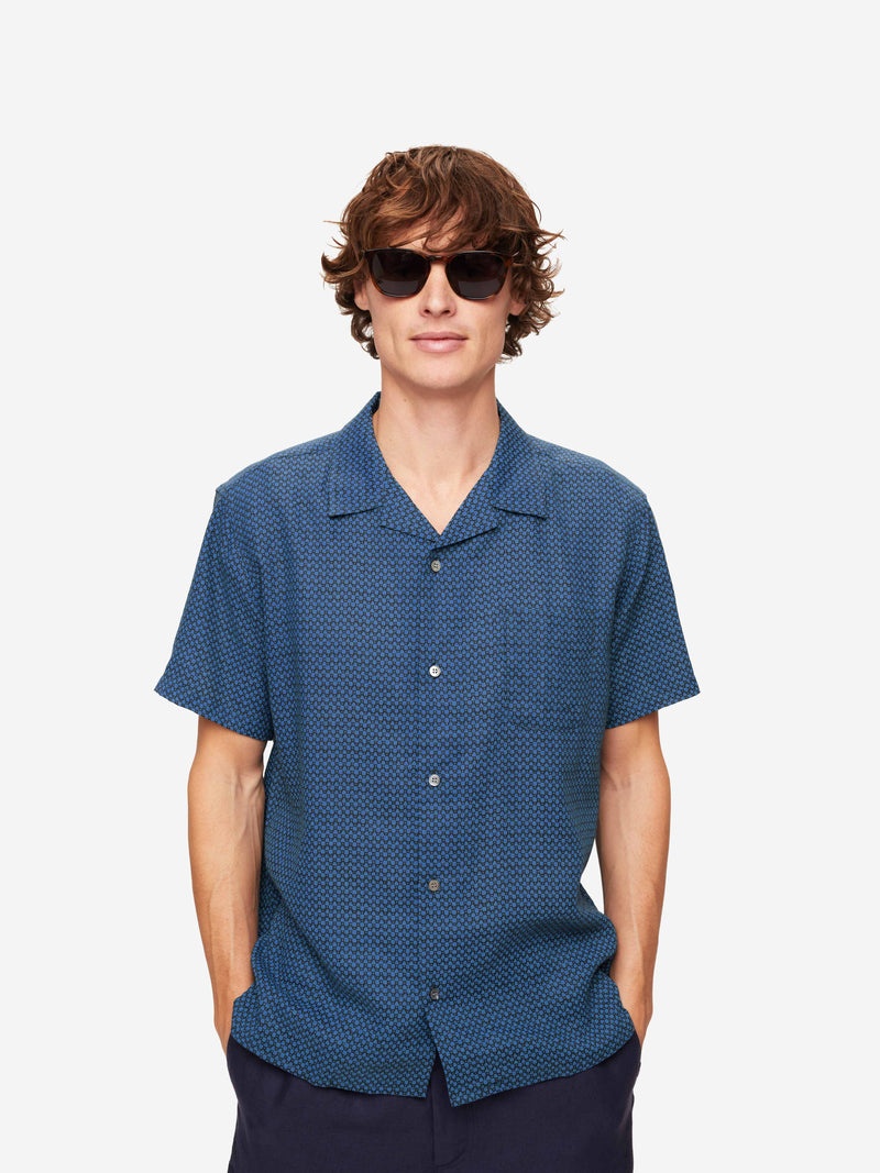 Men's Short Sleeve Shirt Milan 16 Linen Navy - 2