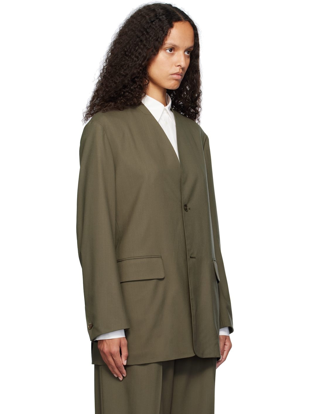 Khaki Super Fine Tropical Wool No Collar Blazer - 2