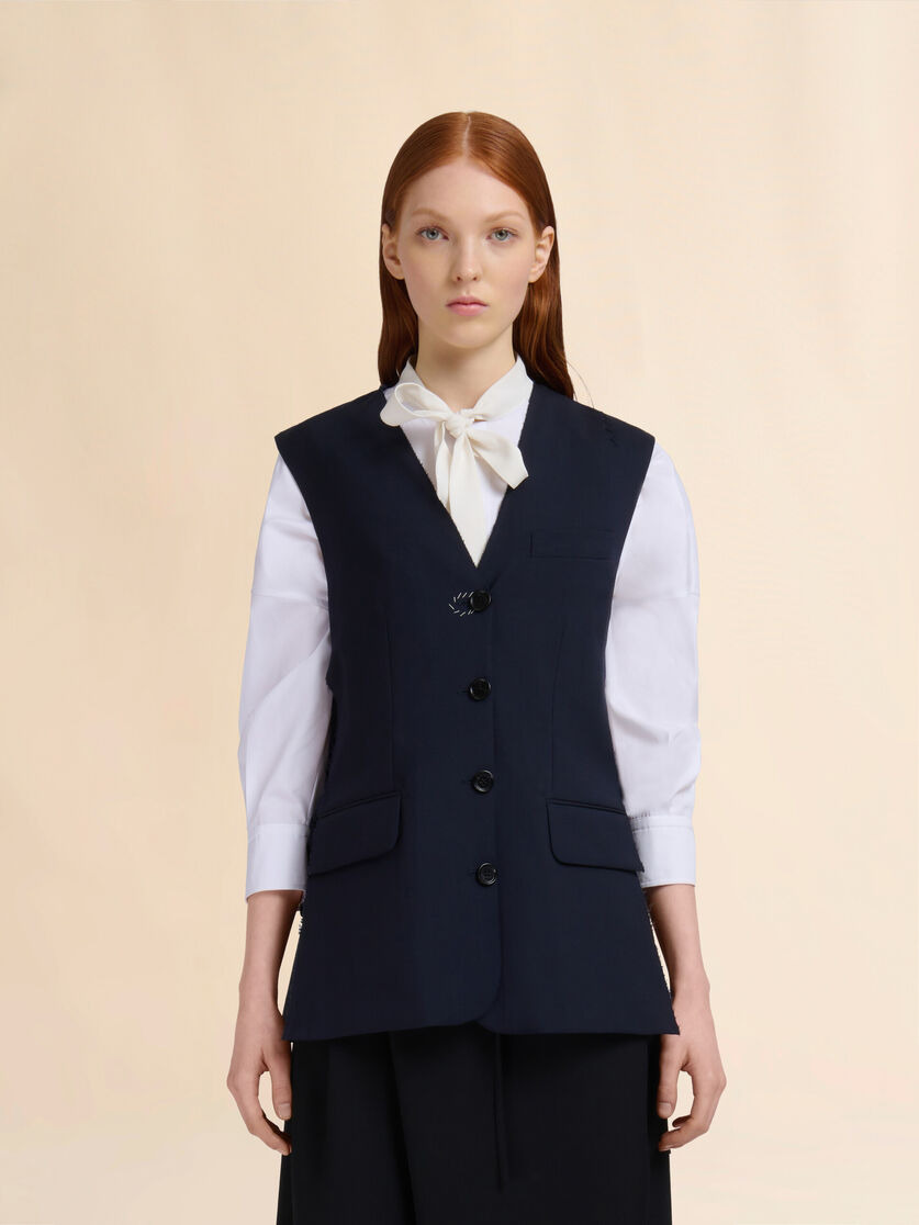 DEEP BLUE WOOL WAISTCOAT WITH SIDE SLITS - 2