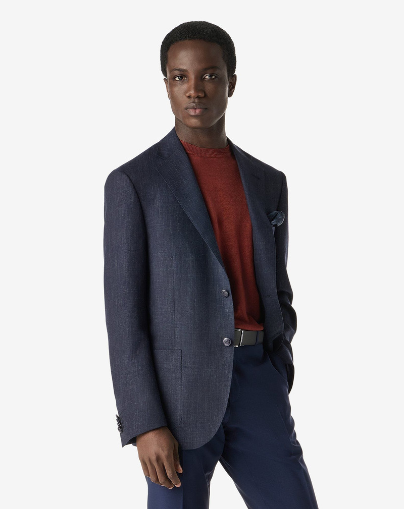 CORNELIANI Navy blue wool, silk and linen jacket with herringbone pattern outlook
