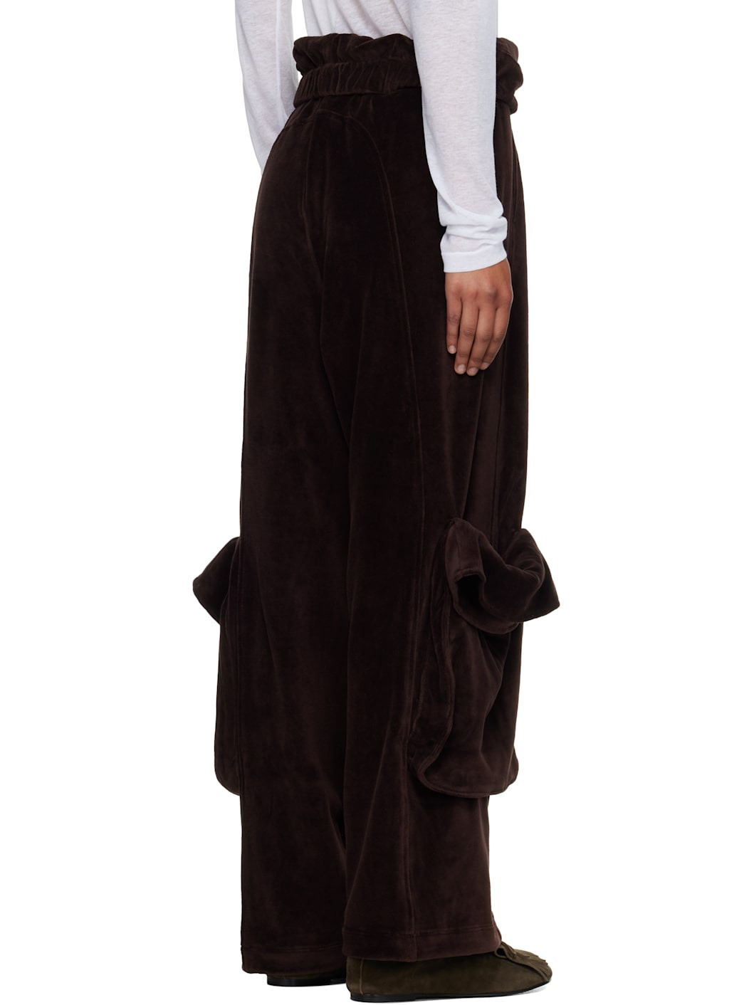 Brown Rolled Waist Velour Cargo Pants - 3