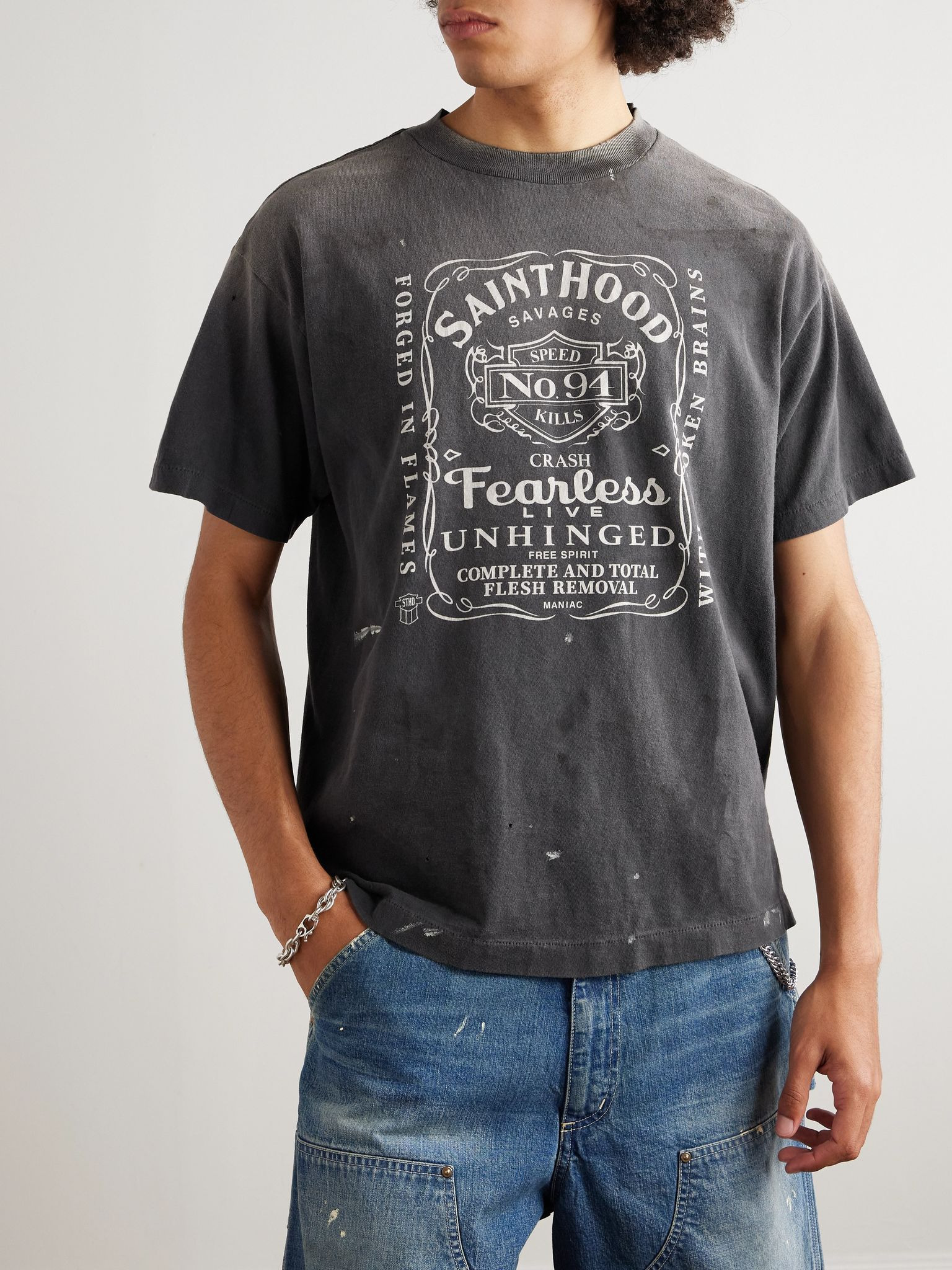 + Neighborhood Printed Distressed Cotton-Jersey T-Shirt Gray - 3