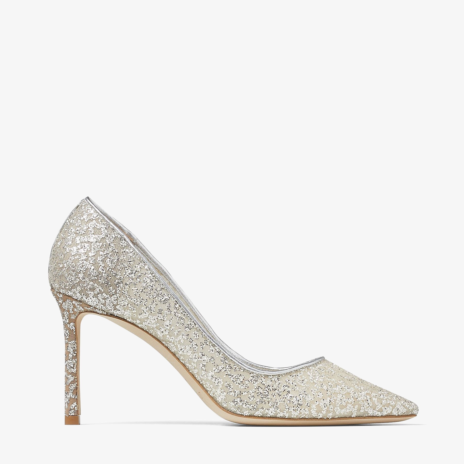 JIMMY CHOO Romy 85 Silver Glitter Tulle and Metallic Nappa Pointy