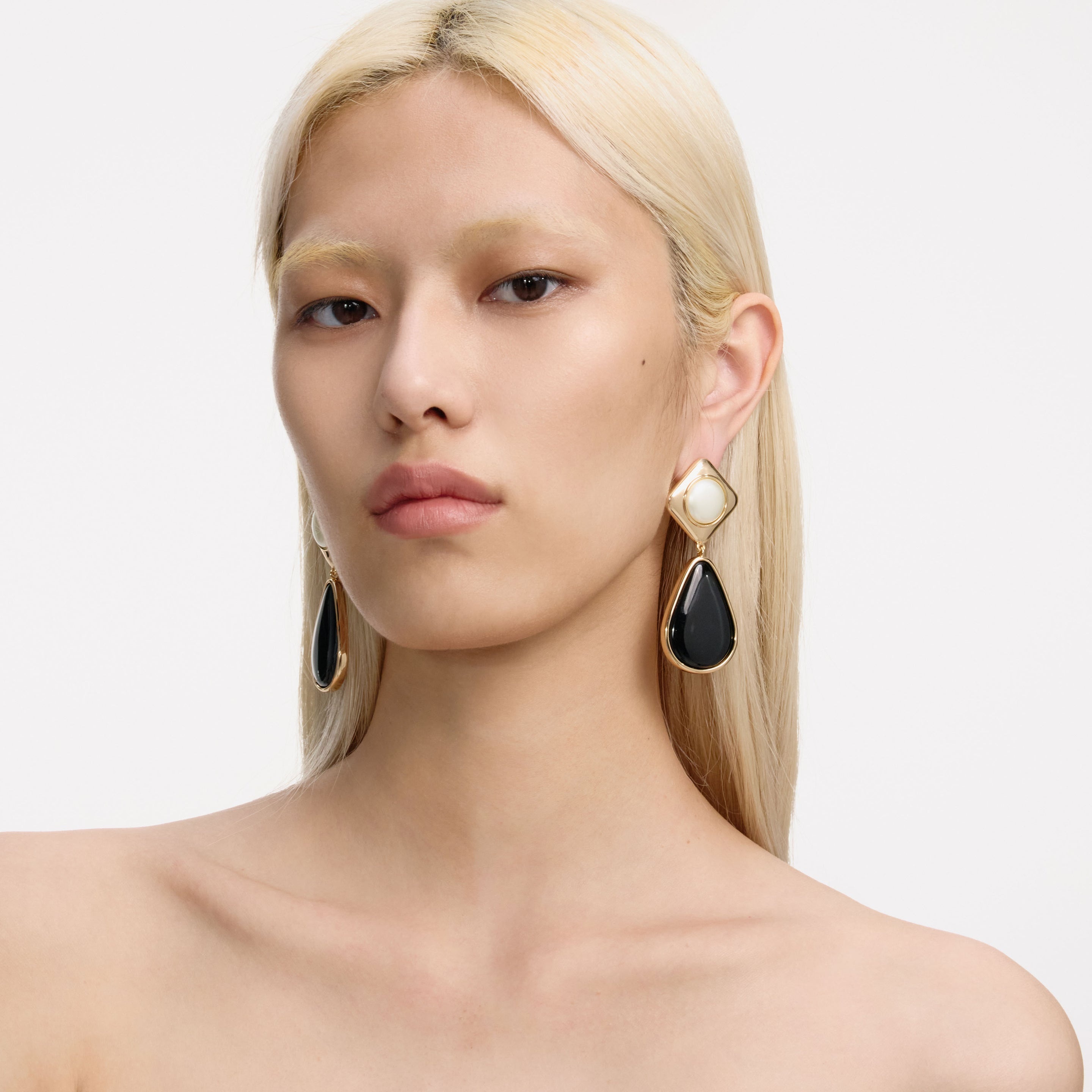 Black Enamel Gold Two Tiered Earrings - 4