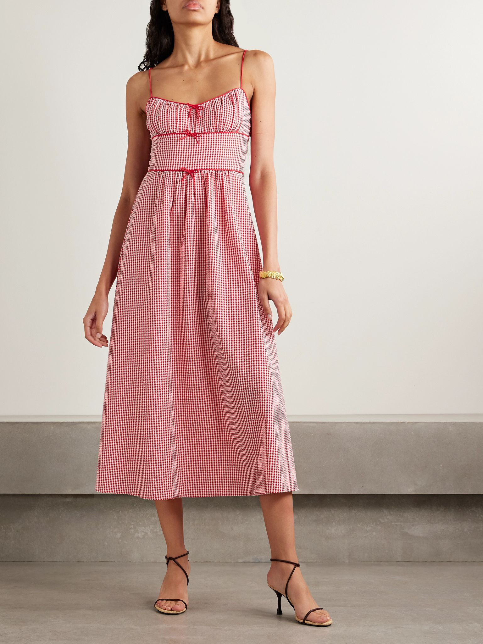 Belline bow-detailed gingham recycled-seersucker midi dress Red - 3
