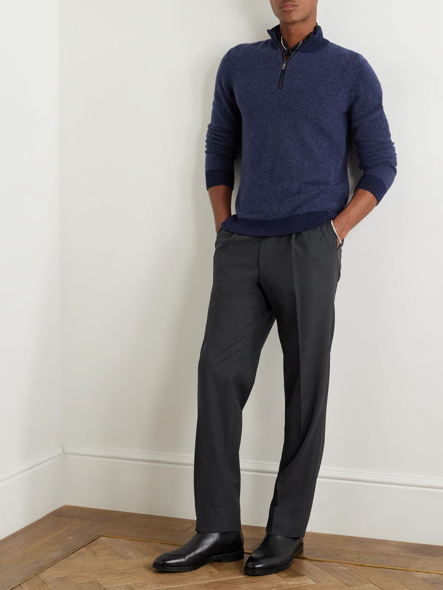 Slim-Fit Suede-Trimmed Cashmere Half-Zip Sweater Navy - 2