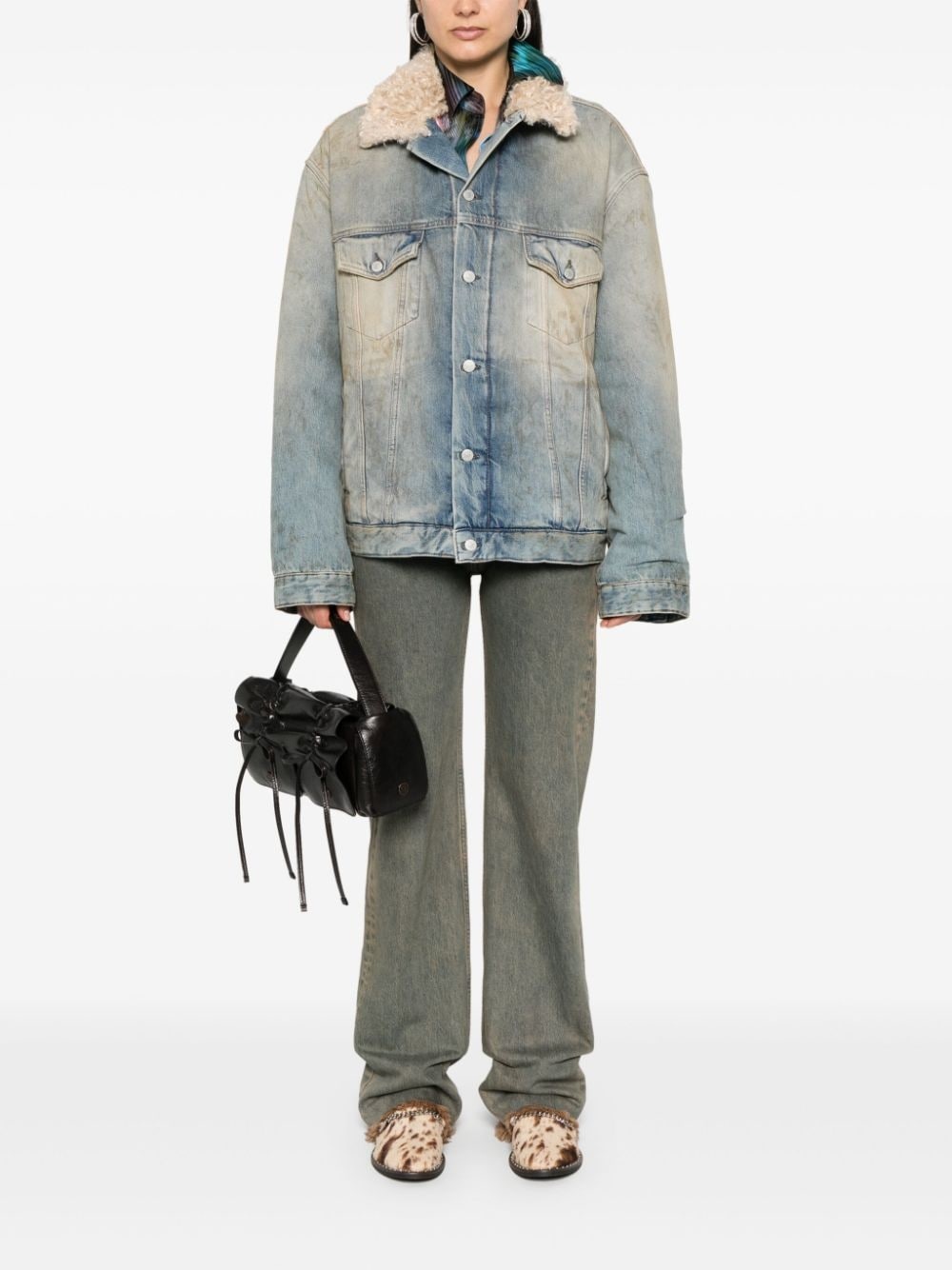 shearling-collar distressed denim jacket - 2