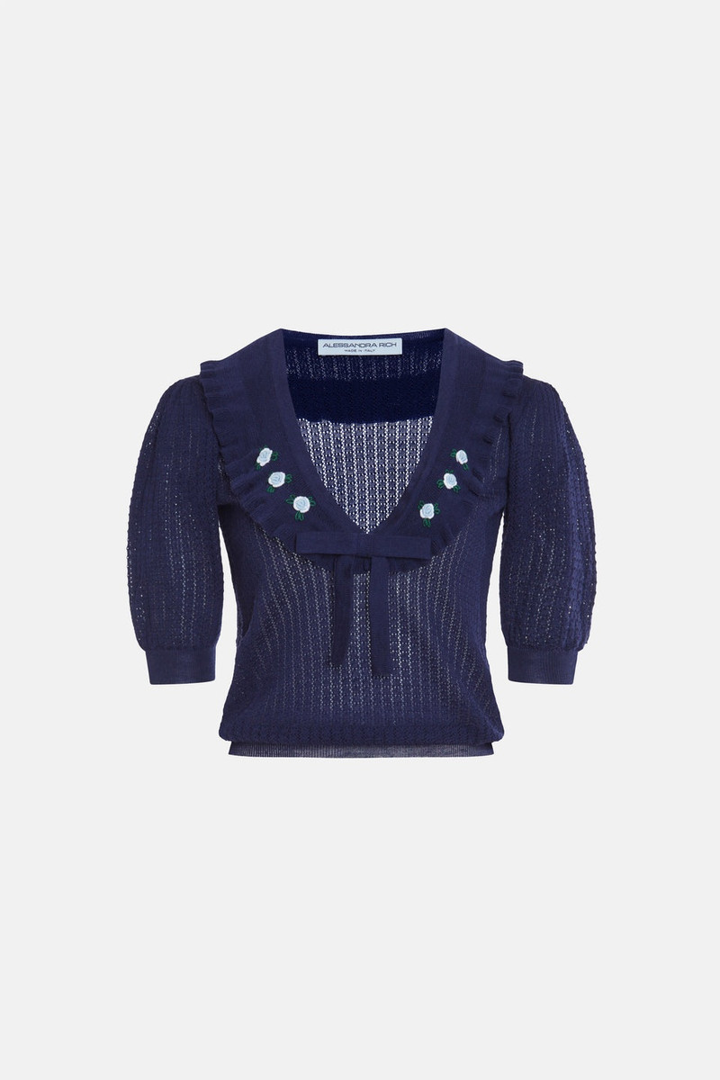 WOOL LACE KNIT V-NECK JUMPER WITH EMBROIDERY 1