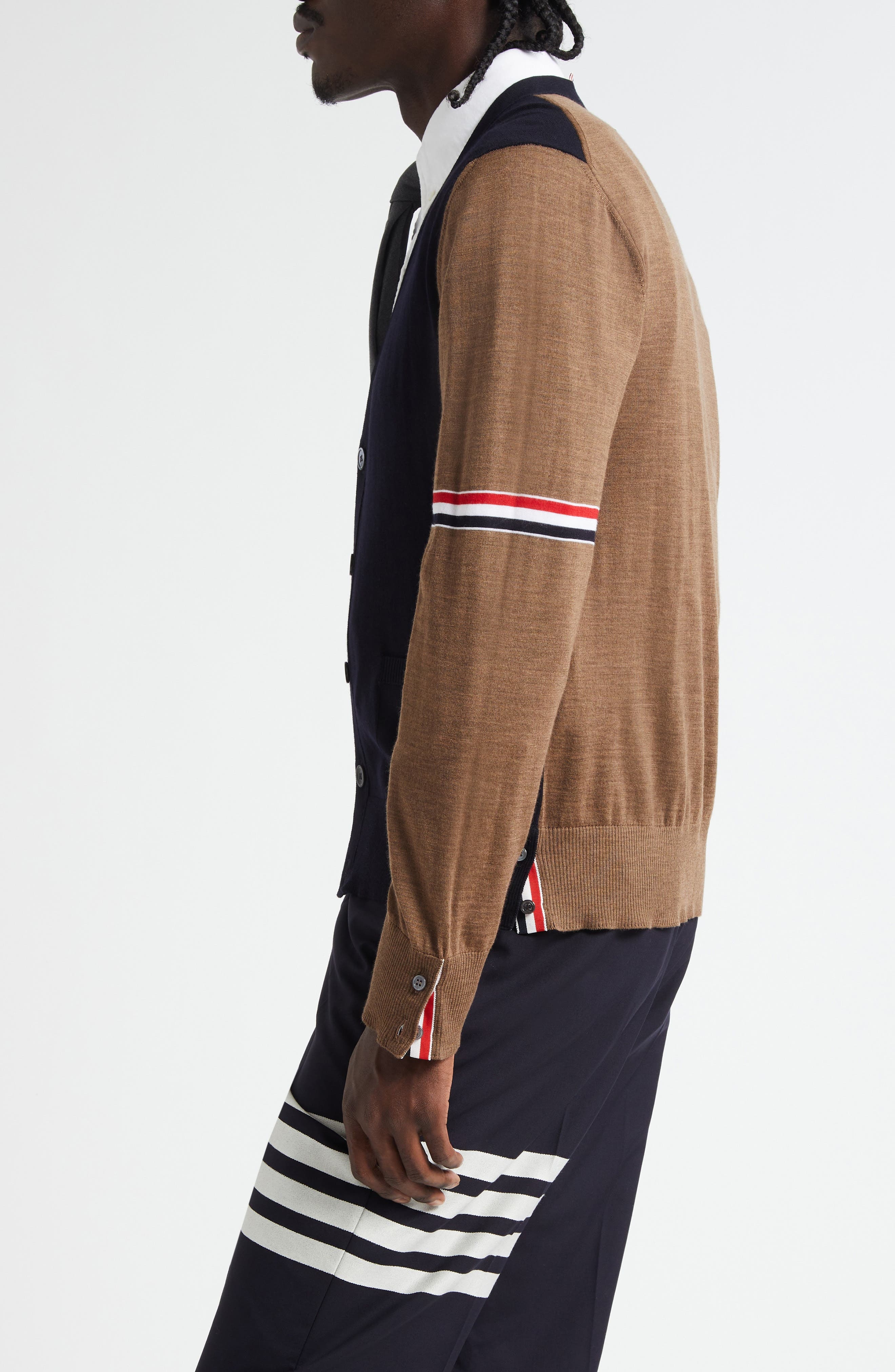Thom Browne Fun-Mix Colorblock Relaxed Virgin Wool Cardigan in Navy/Grey/Brown at Nordstrom - 4