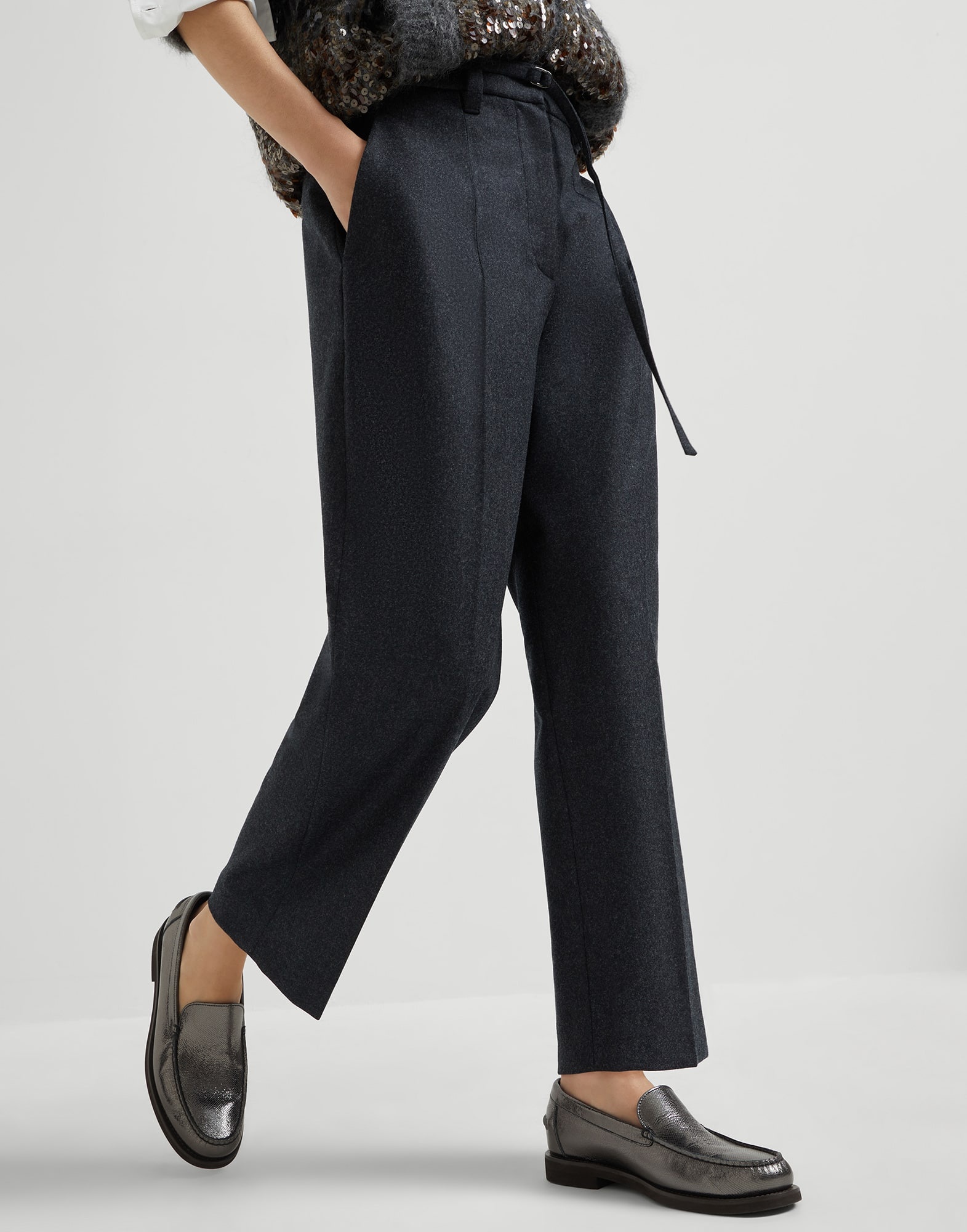 Virgin wool flannel straight cropped trousers with monili - 4