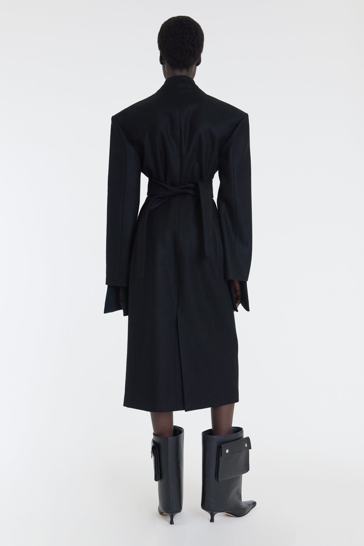 OPEN SLEEVE BELTED WRAP AROUND FITTED COAT BLACK - 2