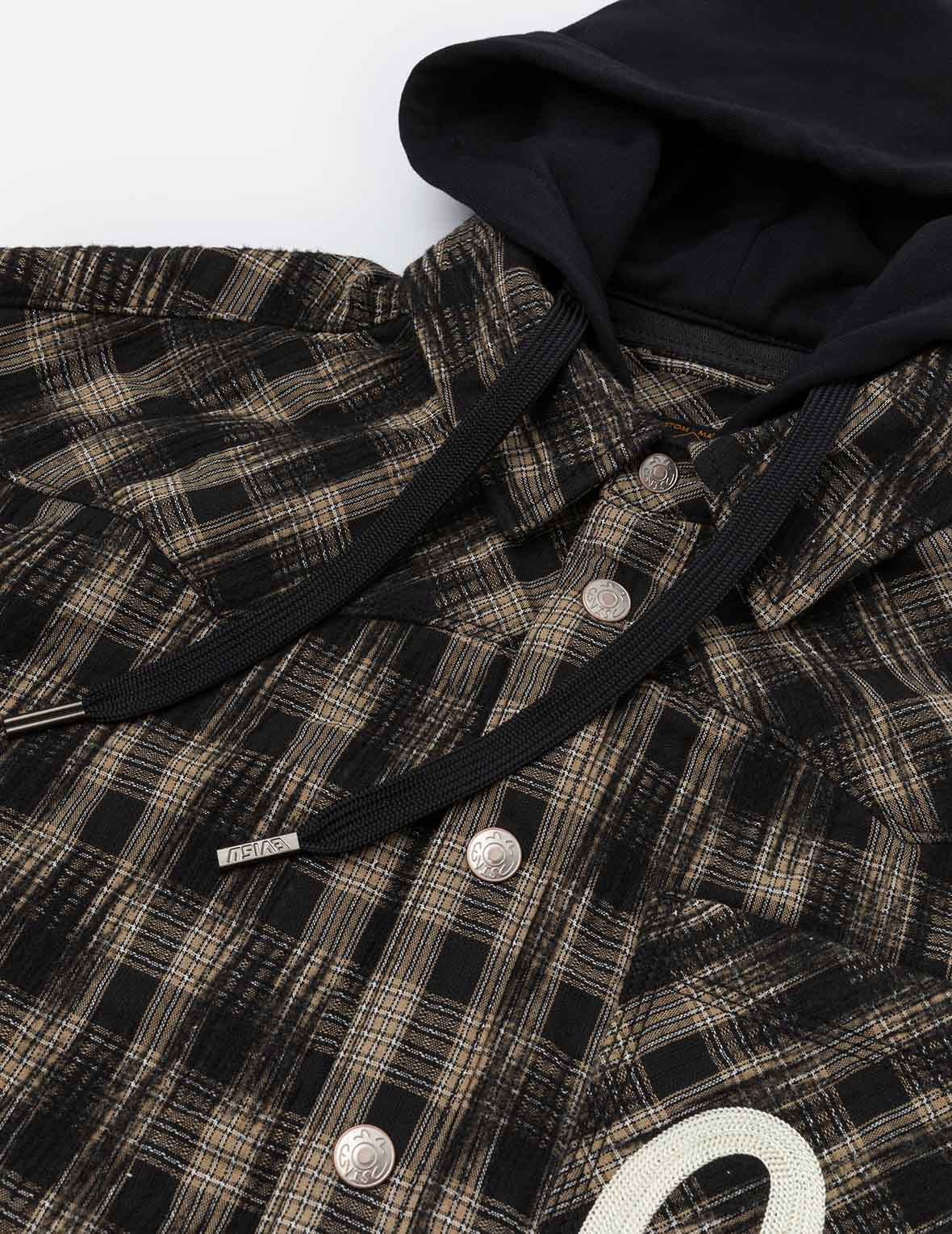 Seagull Embroidery Relax Fit Hooded Checked Shirt Jacket - 10