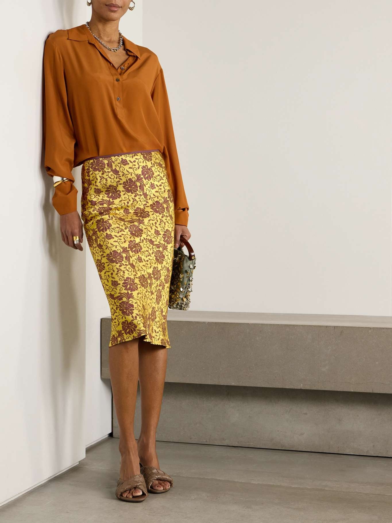 Dries Van Noten Satin-jacquard midi skirt Yellow | REVERSIBLE