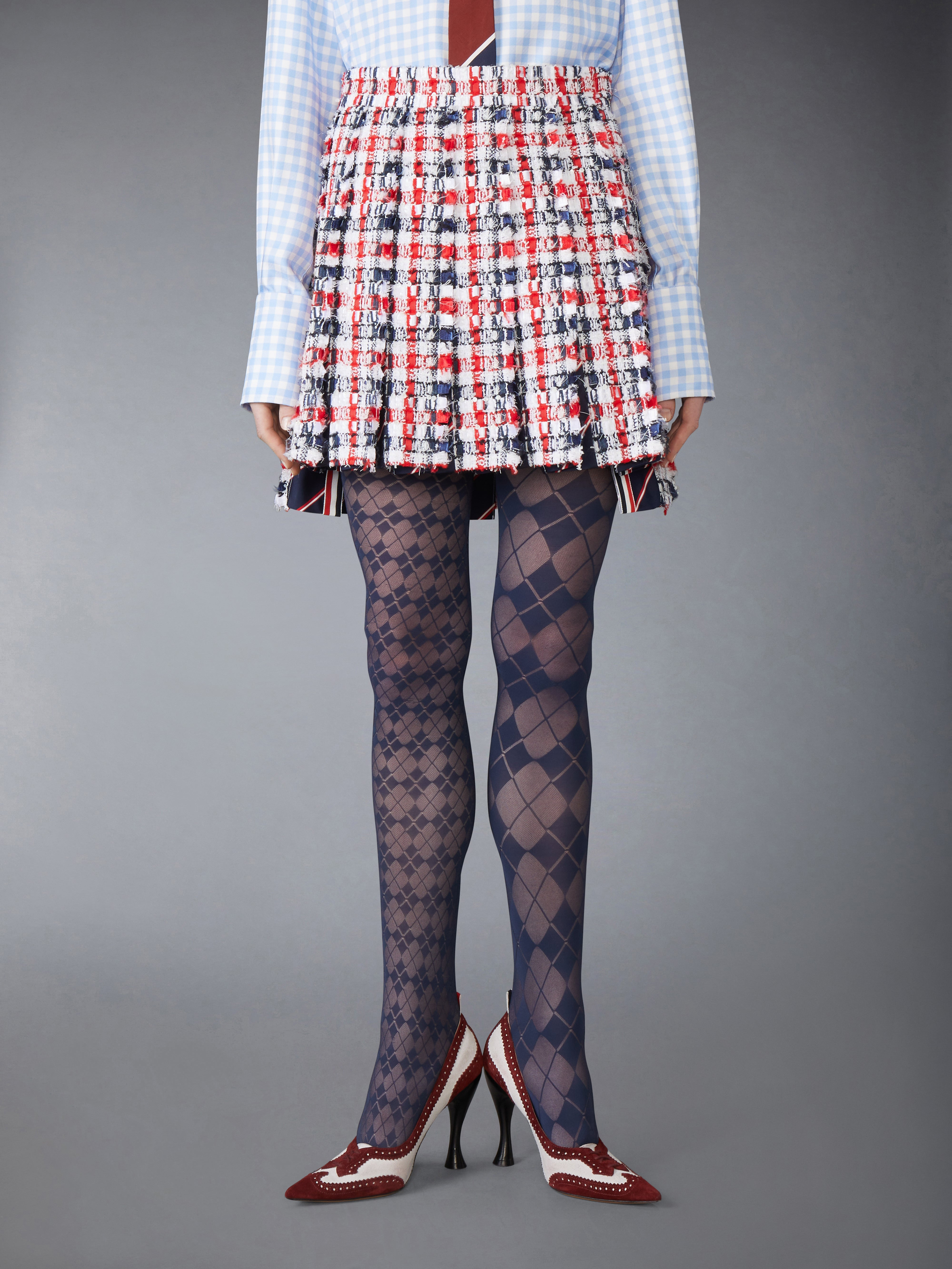 GINGHAM SATIN RIBBON TWEED PLEATED MINI SKIRT - 2