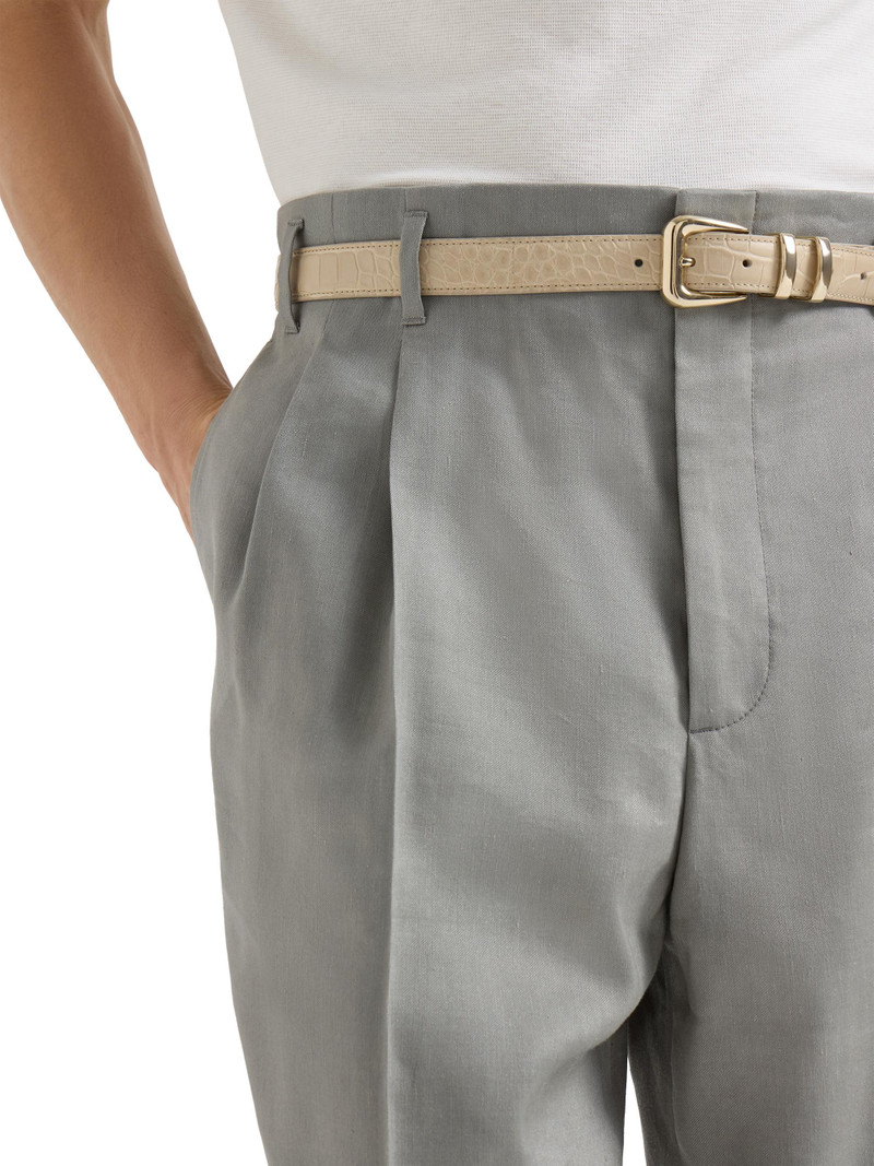 Men's Linen, Virgin Wool and Mohair Gabardine Trousers with Double Pleats - Khaki 4