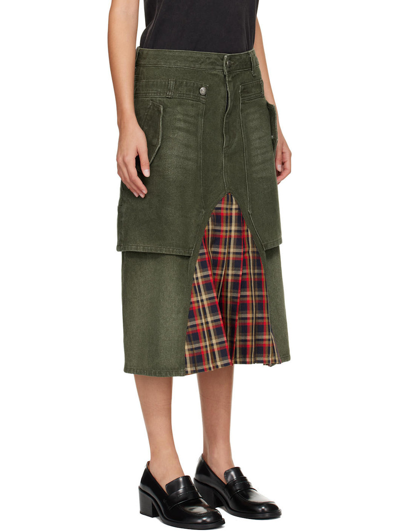 Khaki Raptor Layered Pleats Denim Midi Skirt 2
