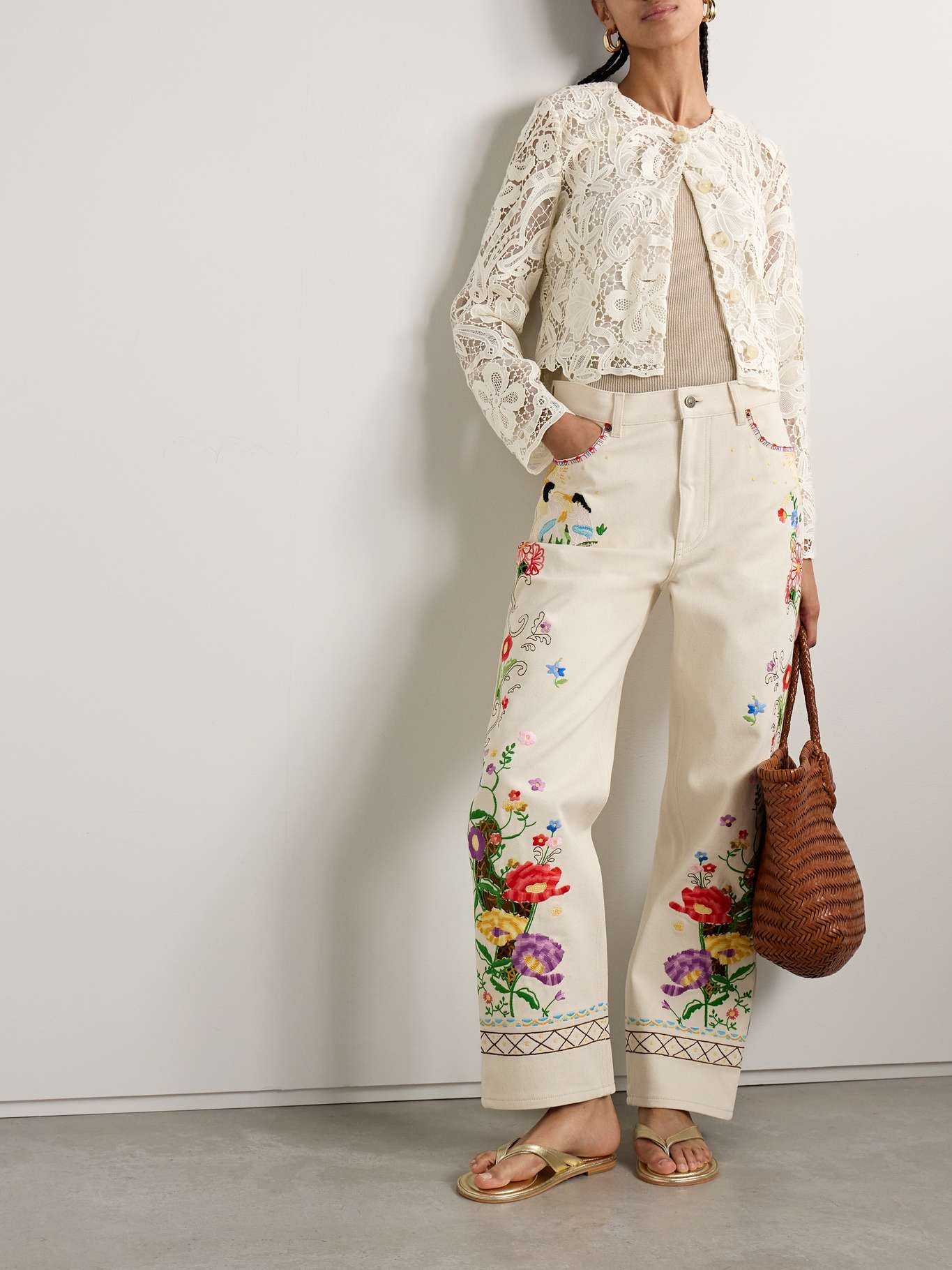 Caris cropped guipure lace jacket Cream - 2