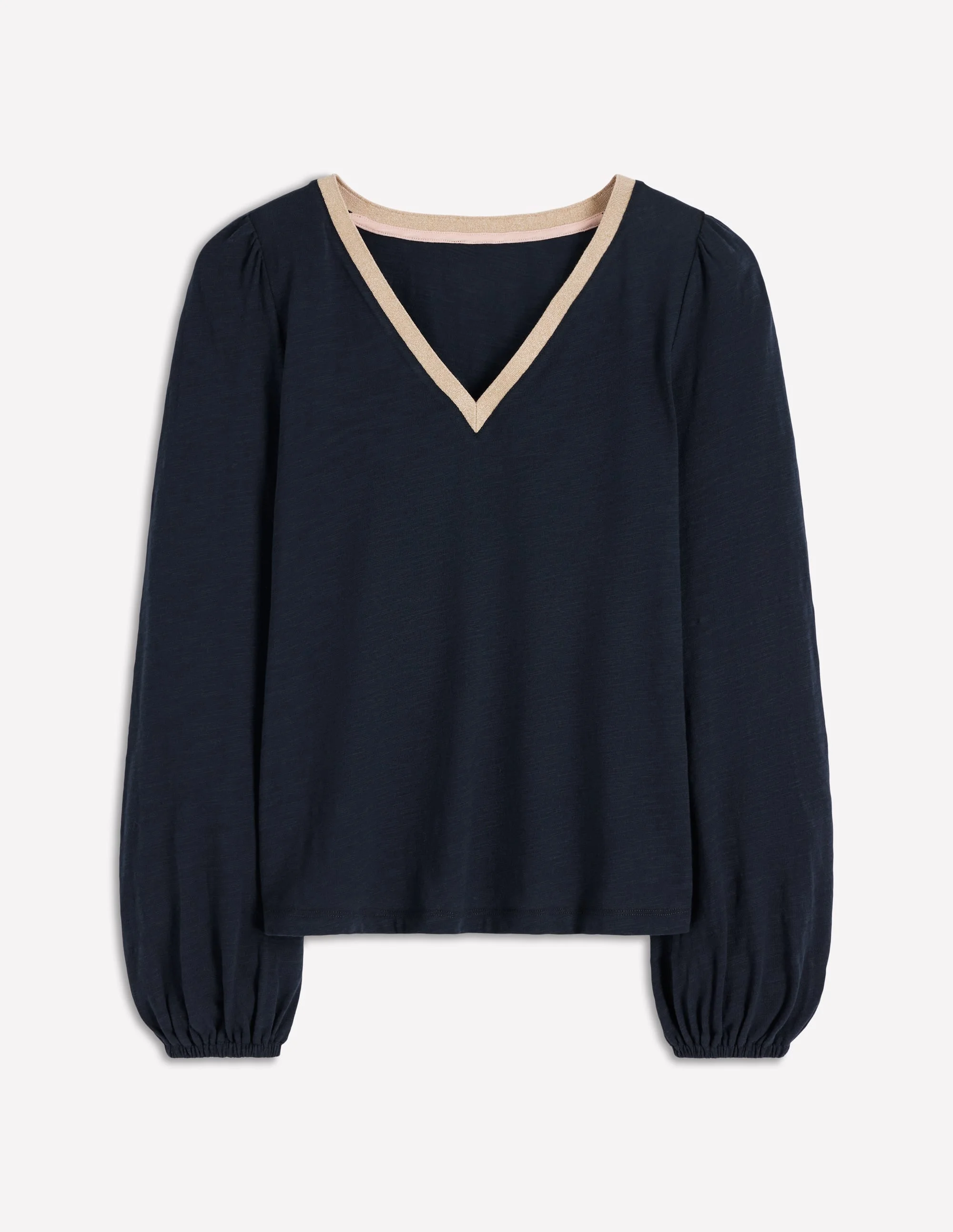 Metallic Trim V-neck Top-Navy - 1