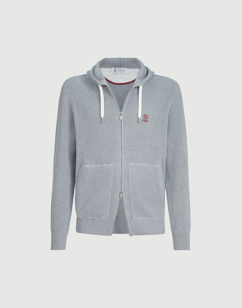 Cotton English rib knit hooded sweatshirt with logo and zipper 1