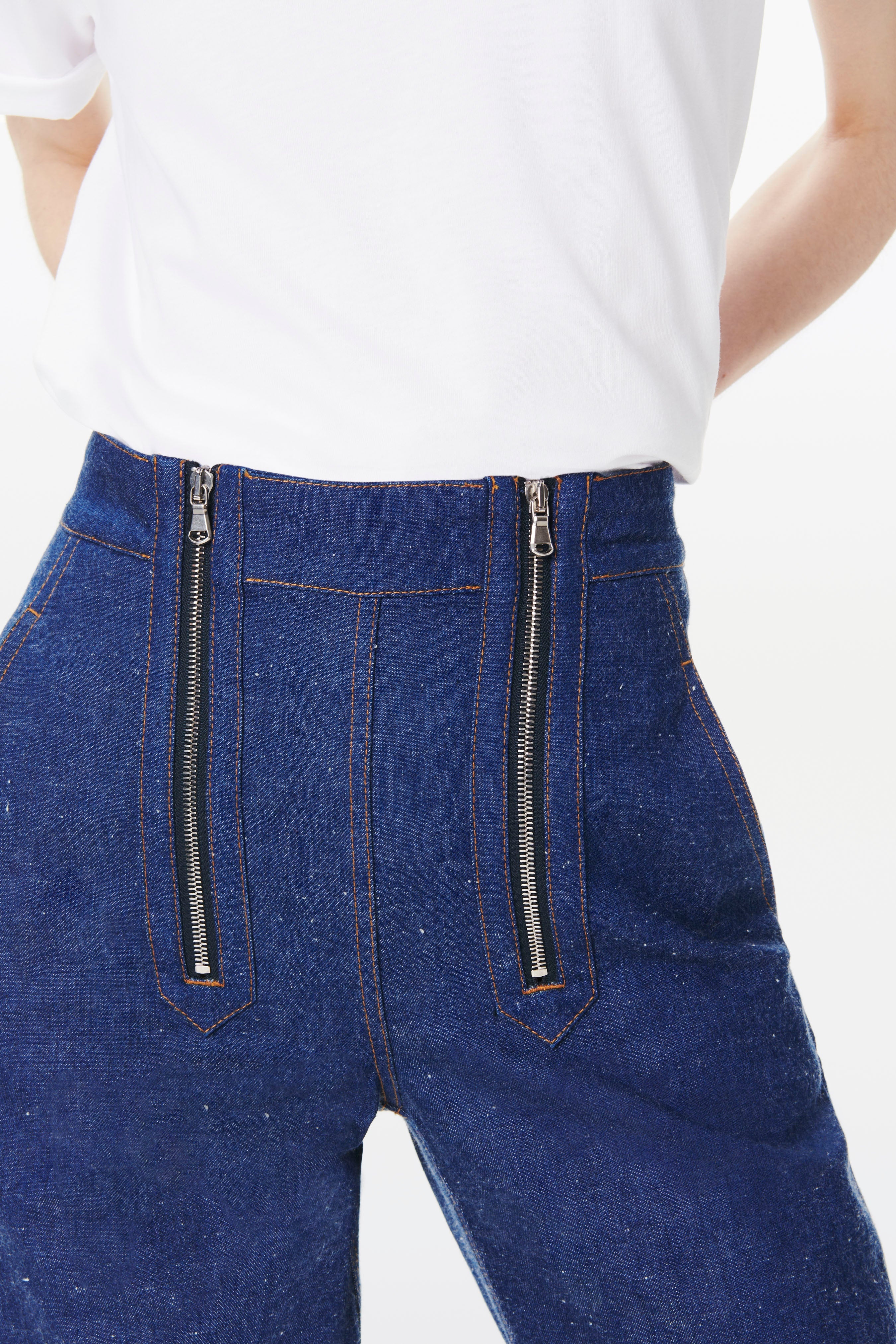 Zip Detail Flare Jean in Serge Blue - 4