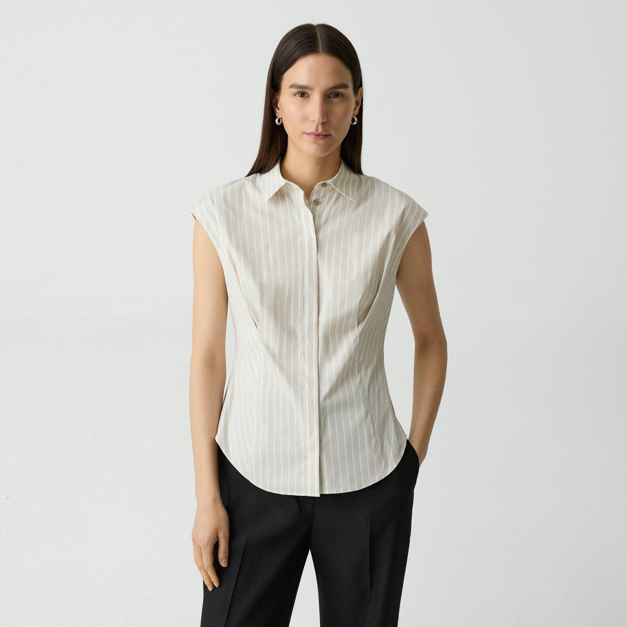 Cinched Cap-Sleeve Shirt in Striped Cotton-Blend - 2